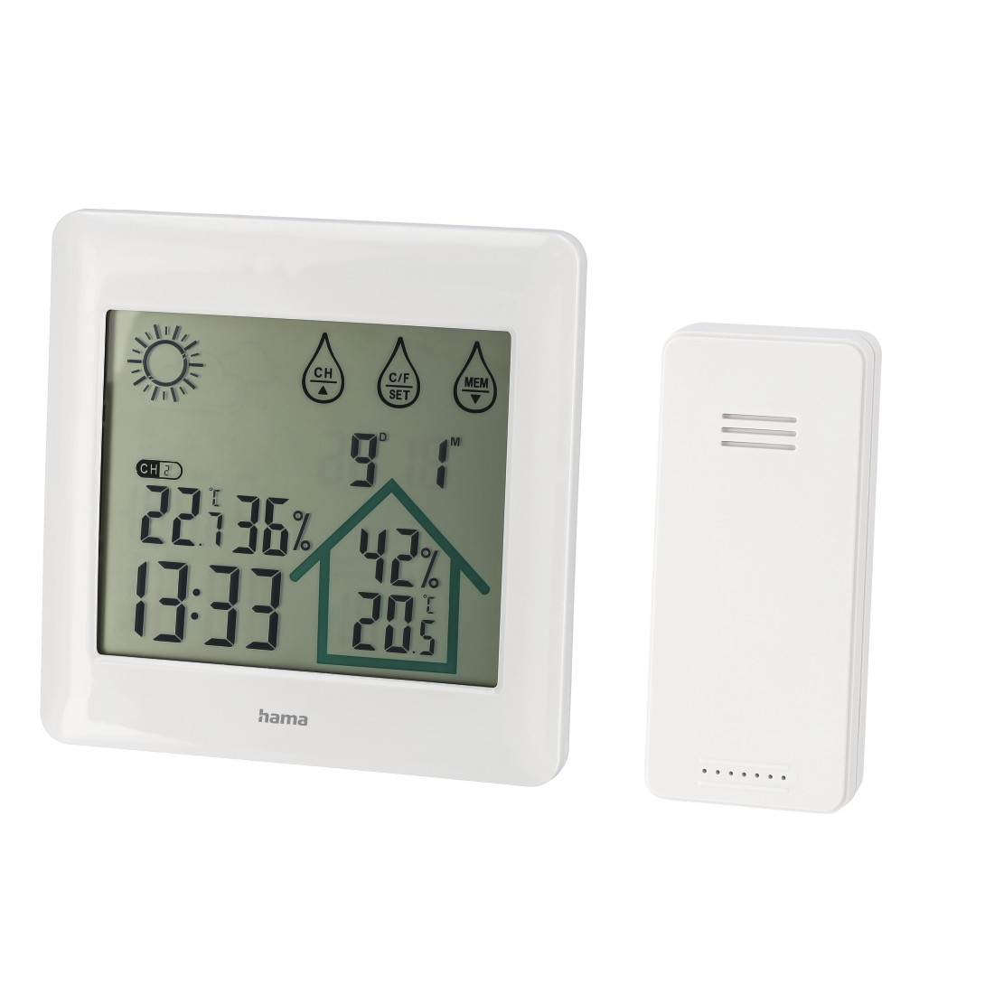 Ein weißes digitales Thermometer mit Anzeige von Temperatur, Luftfeuchtigkeit und Uhrzeit. Daneben ein separater weißer Sensor.