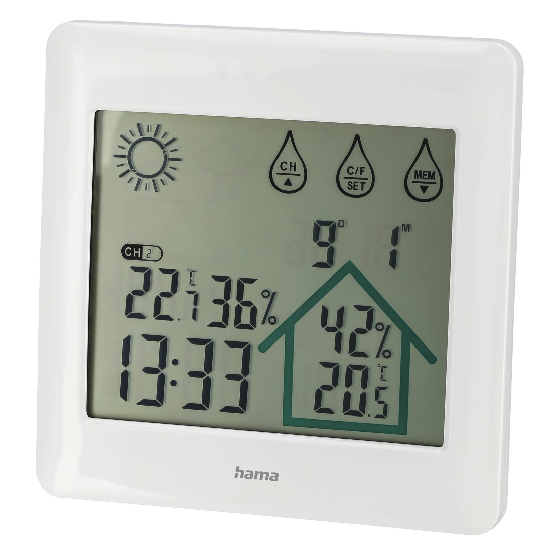 Eine weiße digitale Wetterstation zeigt Temperatur, Luftfeuchtigkeit und Uhrzeit an. Es hat Knöpfe und ein Haussymbol. Die Marke ist 'hama'.