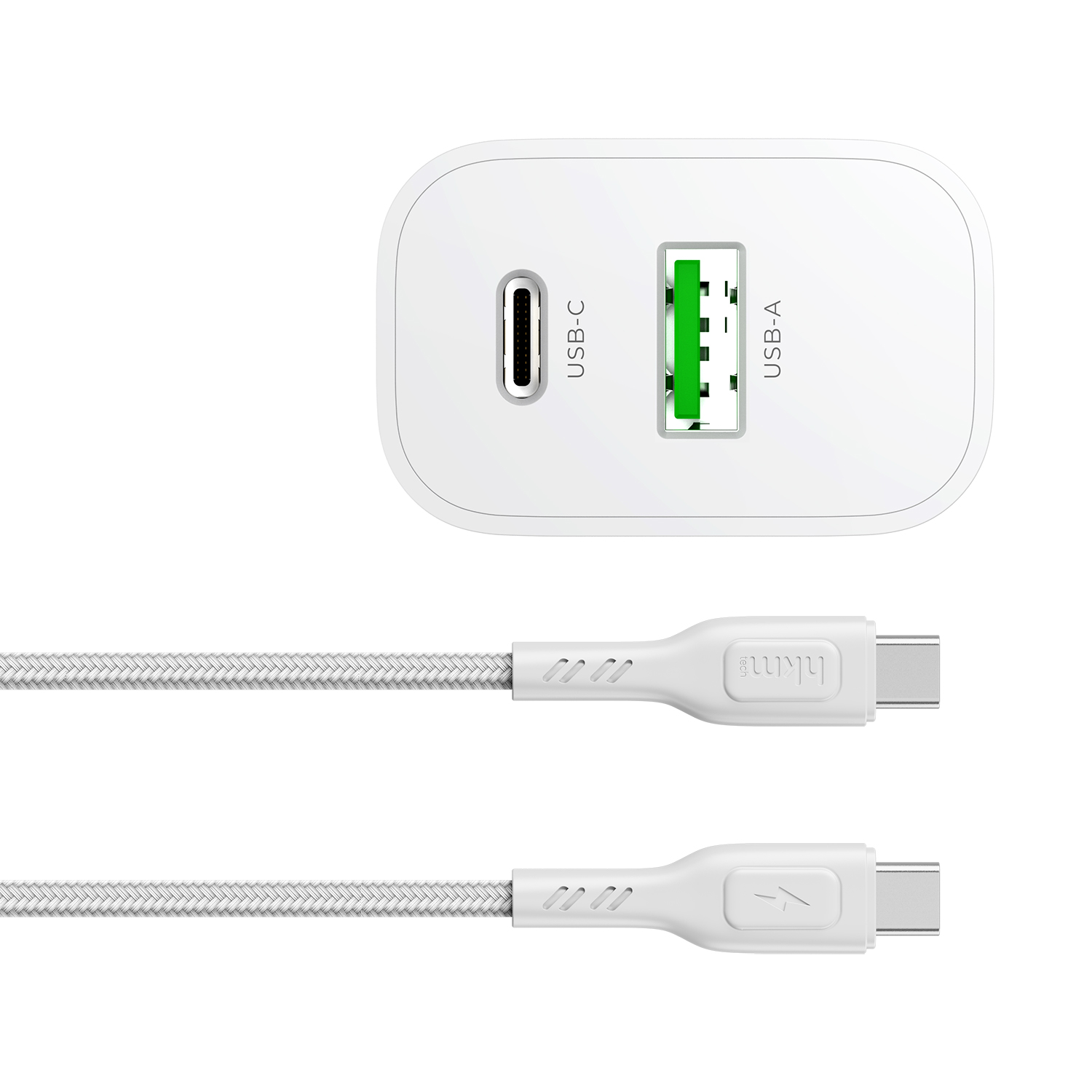 USB-C ve USB-A portlu beyaz şarj cihazı, beyaz arka plan üzerinde USB-C konnektörlü iki beyaz kablo.