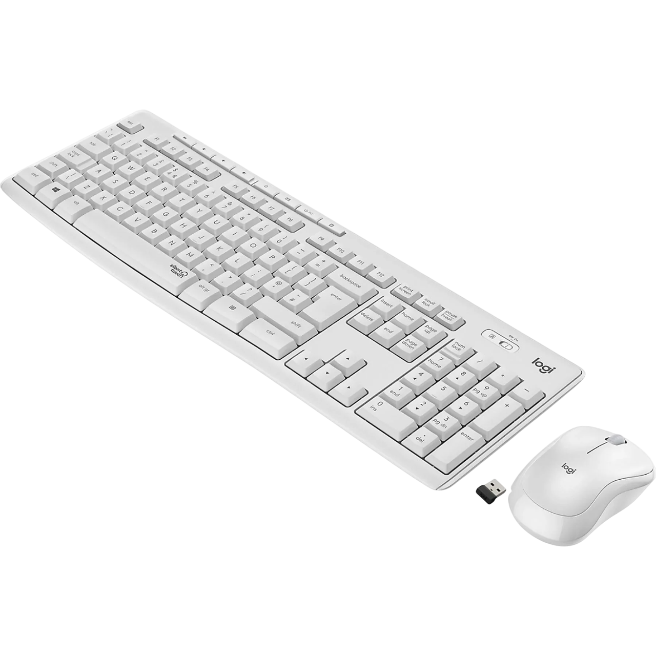 Beyaz bir Logitech klavye ve fare seti. Klavyede sayısal tuş takımı ve farede bir USB alıcısı bulunur.