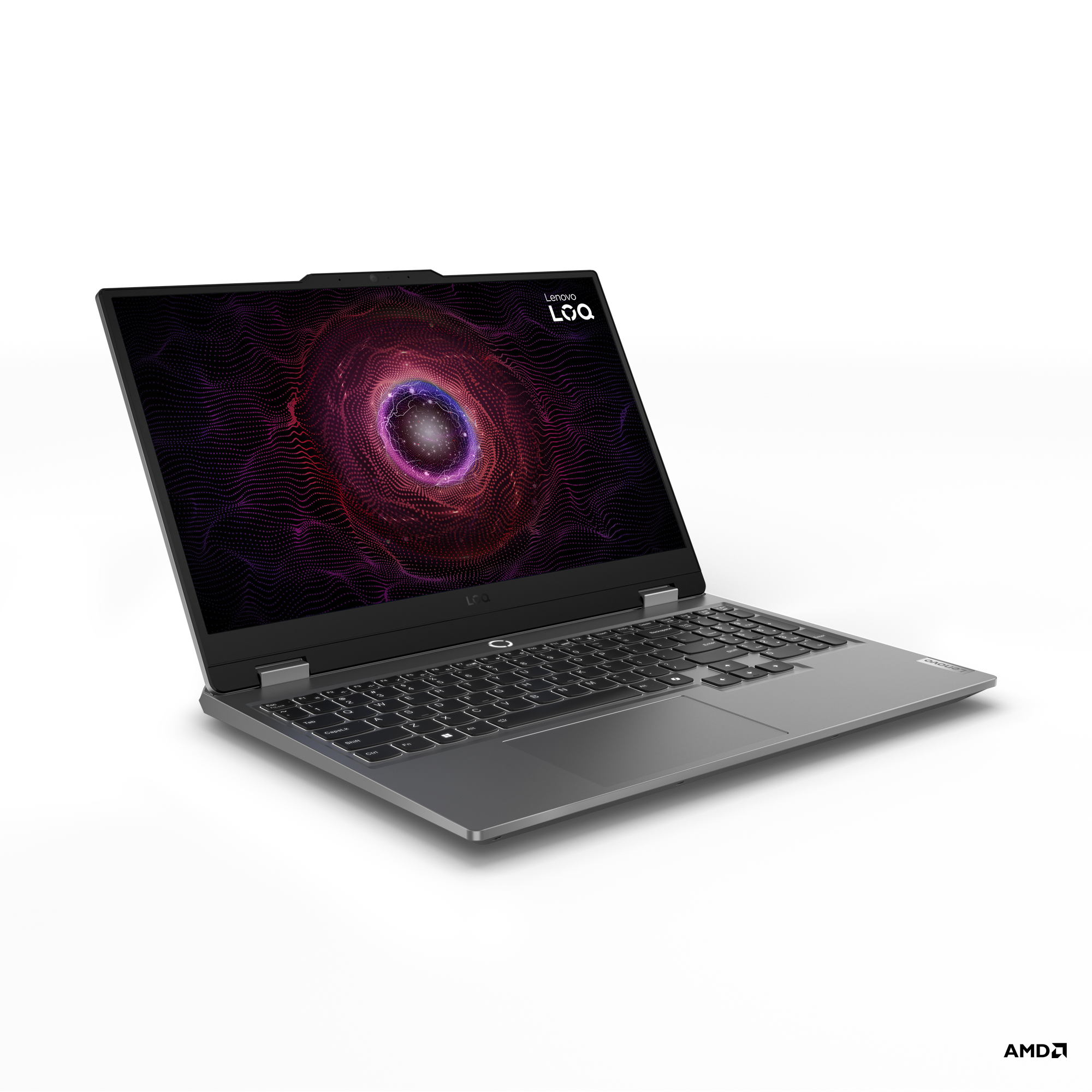 Siyah bir yüzeyde Lenovo Loq dizüstü bilgisayar. Ekranda renkli soyut bir tasarım var. Klavye görünür durumda.