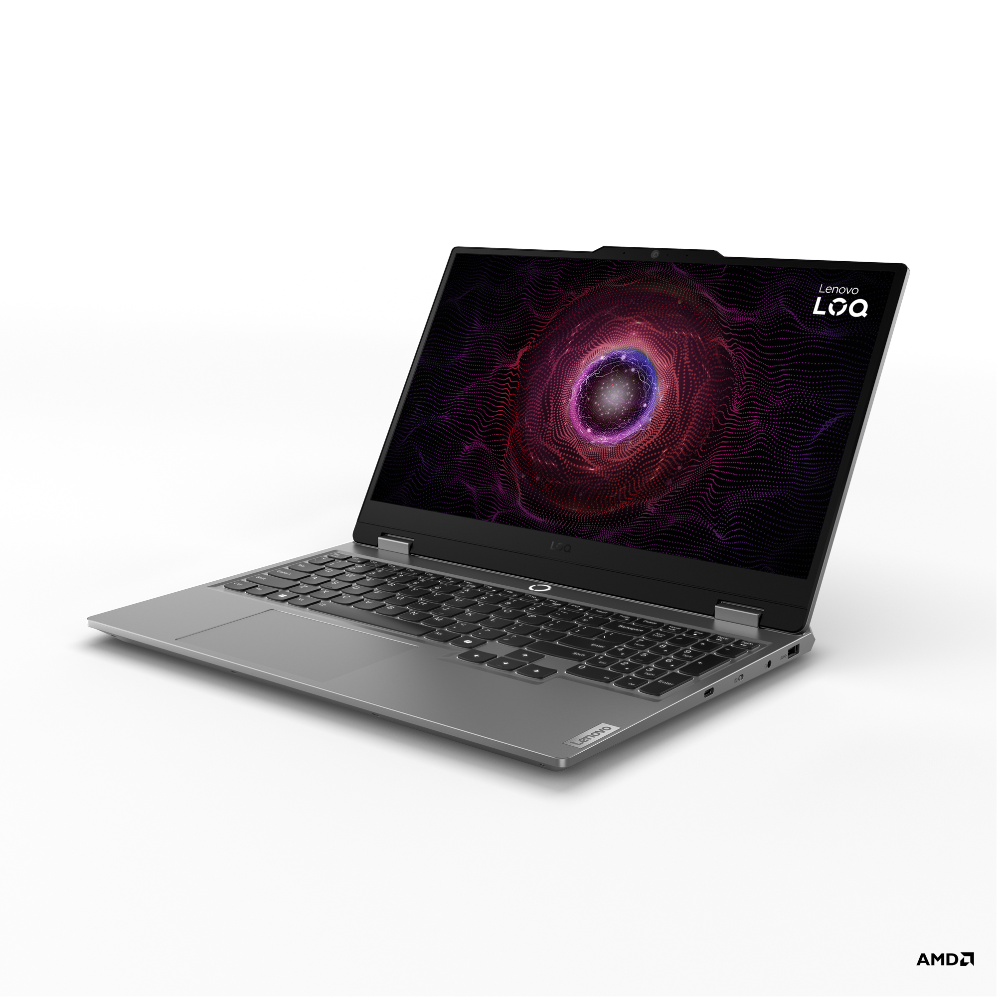 Renkli bir desen görüntüleyen, ekranı açık bir Lenovo dizüstü bilgisayar. Klavye görünür durumda.