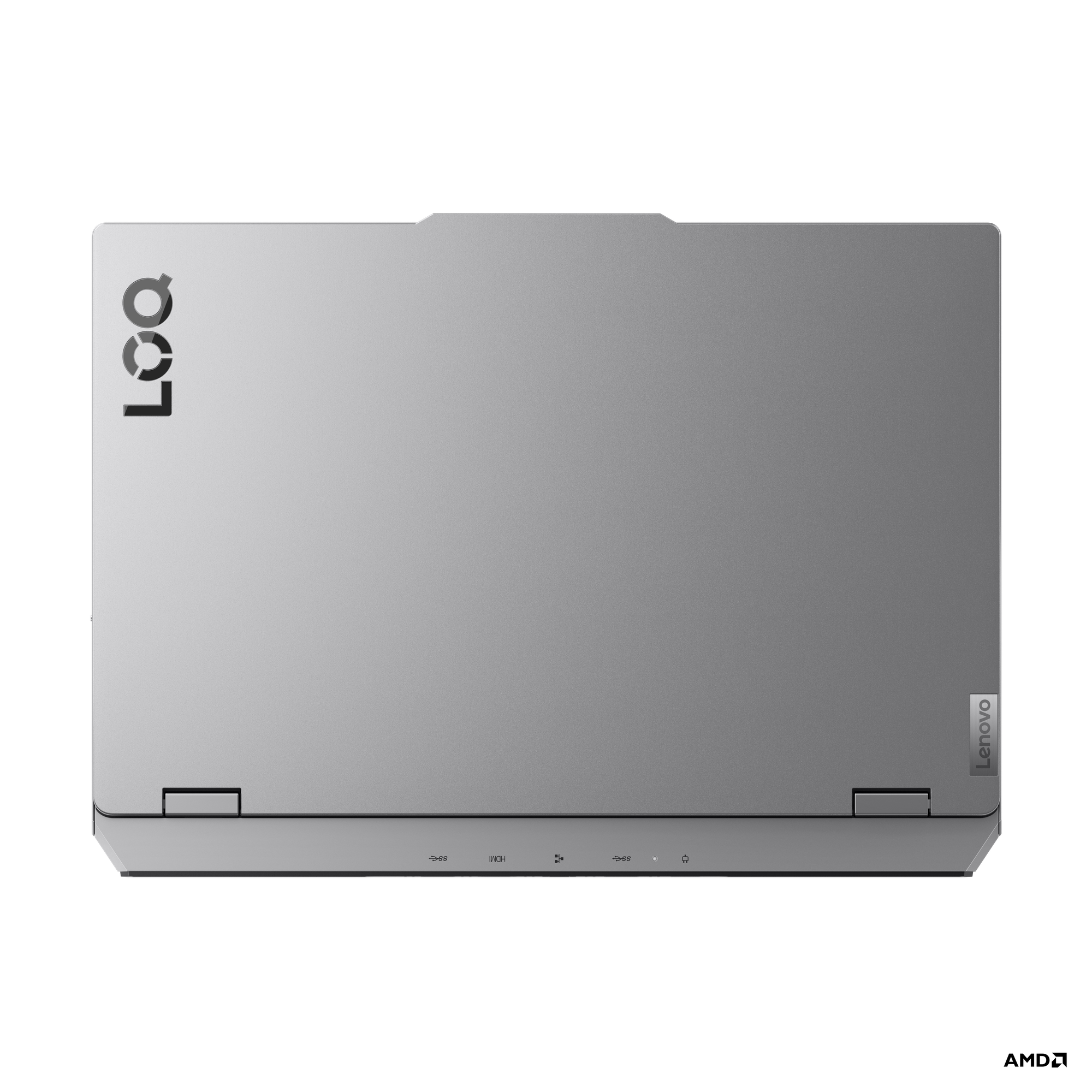 Gümüş renkli bir Lenovo dizüstü bilgisayarın üstten görünümü. LOQ logosu sol üst köşede, Lenovo logosu sağda.