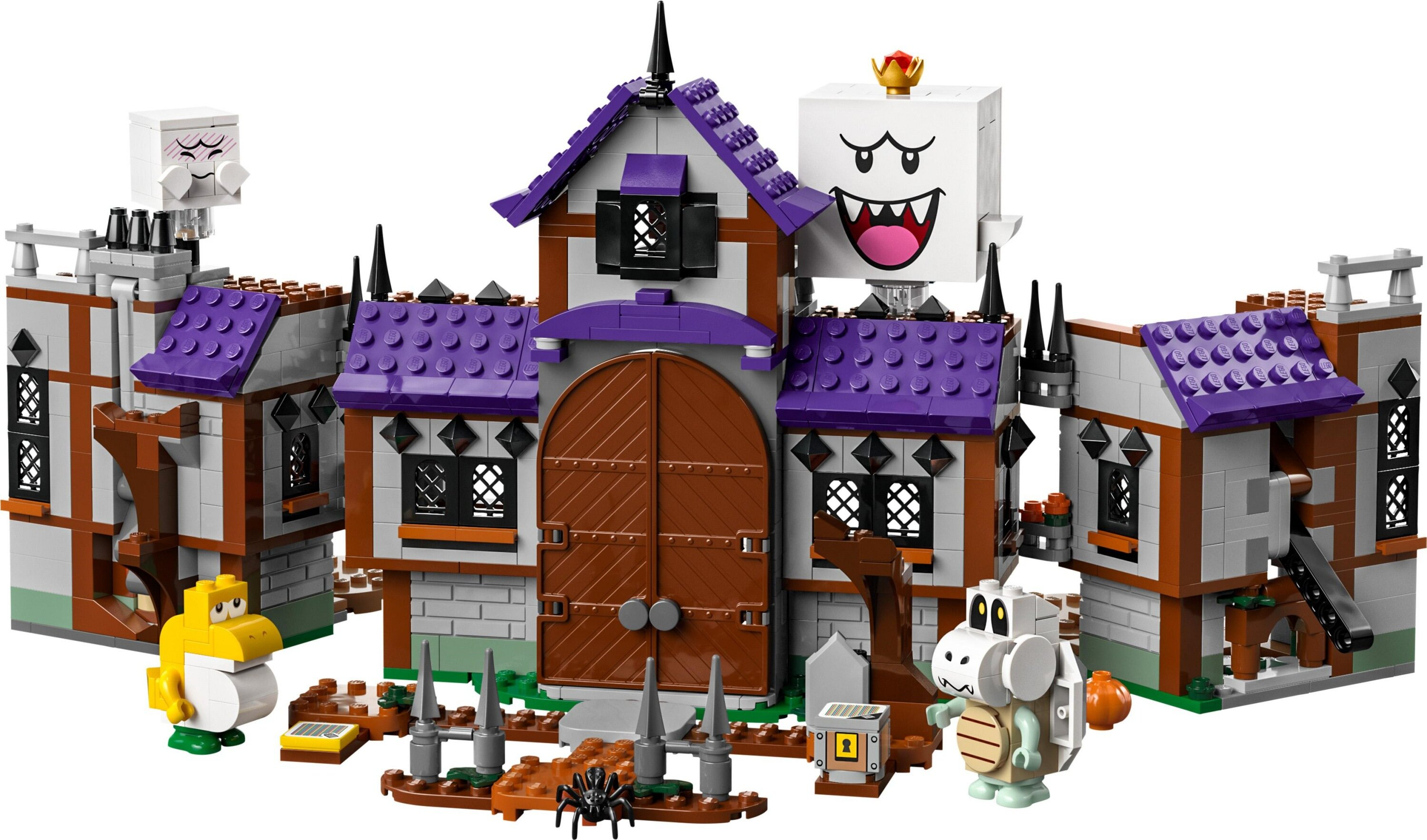 Zestaw zamku Lego z postaciami. Zawiera duży budynek z fioletowymi dachami, postać Boo z koroną i inne figury.