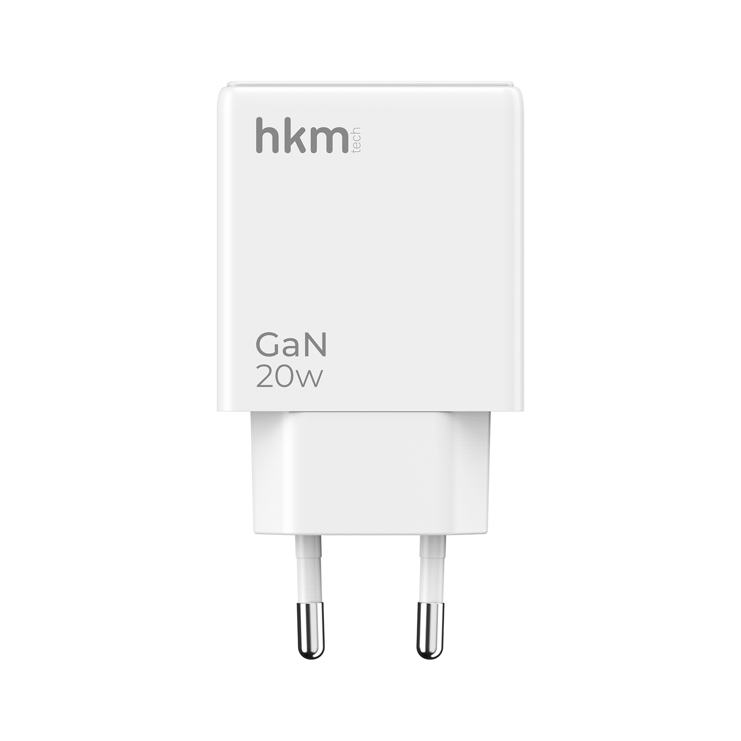 İki pimli beyaz bir GaN 20W şarj cihazı. Marka adı hkm tech'tir. Şarj cihazı beyaz bir arka plan üzerindedir.