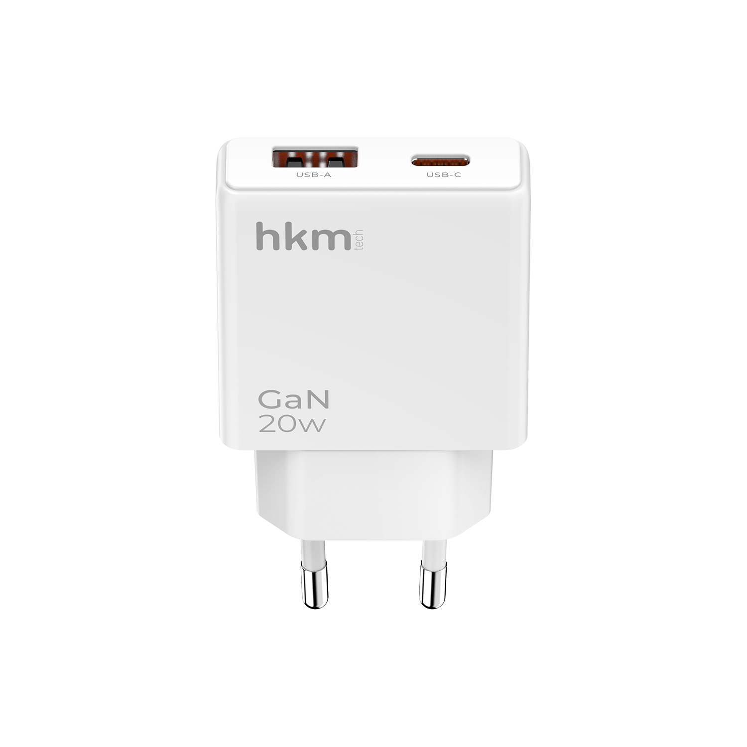 USB-A ve USB-C bağlantı noktalarına ve Avrupa prizleri için iki gümüş pine sahip beyaz bir HKM tech 20W GaN şarj cihazı.