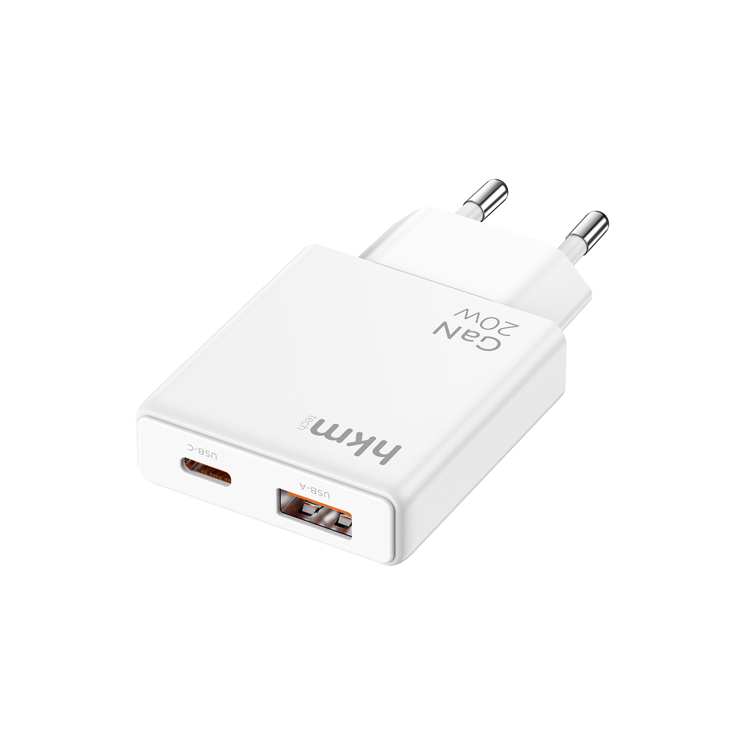 Beyaz bir HKM 20W GaN şarj cihazı. Bir USB-C ve USB-A bağlantı noktasına sahiptir. Fiş, iki pimli Avrupa tarzıdır.