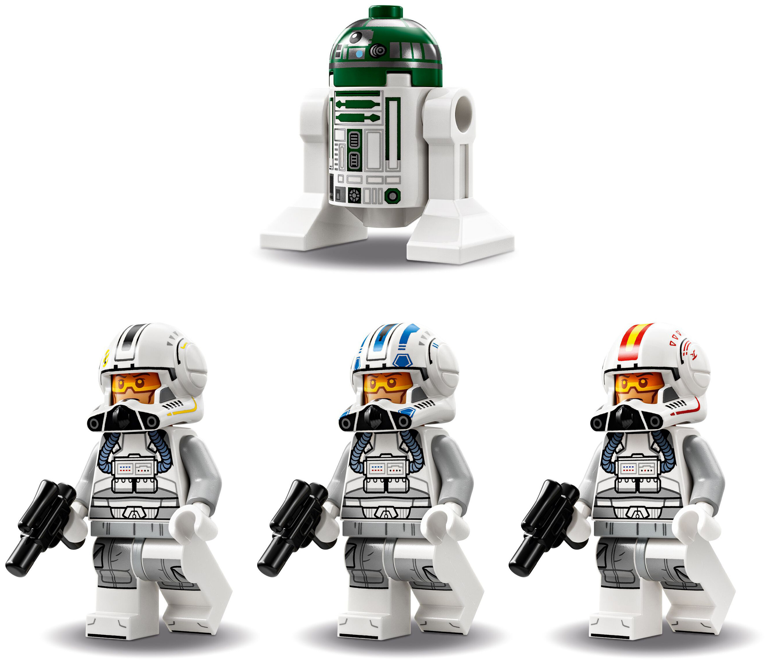 Zestaw Lego Star Wars. R2-D2 i trzy minifigurki pilotów z hełmami i blasterami na białym tle.
