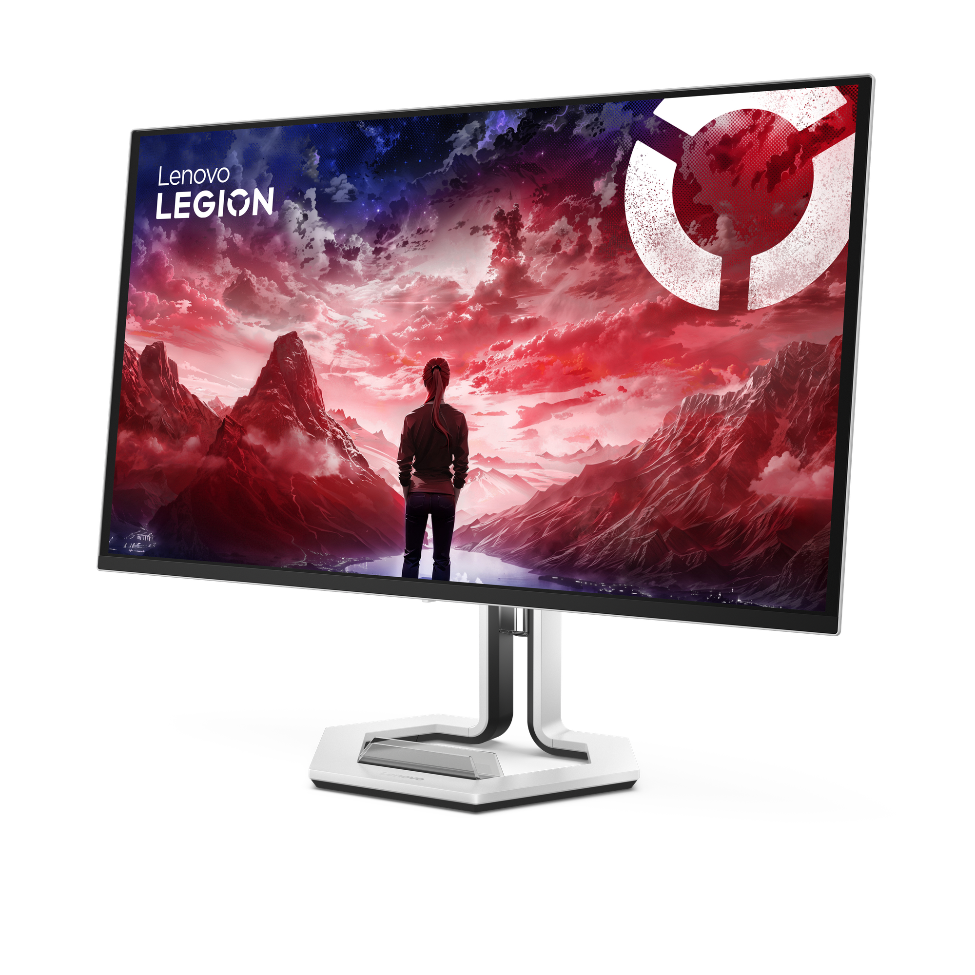 Monitor z osobą patrzącą na górską scenerię. Logo Lenovo Legion po lewej, logo u góry po prawej.