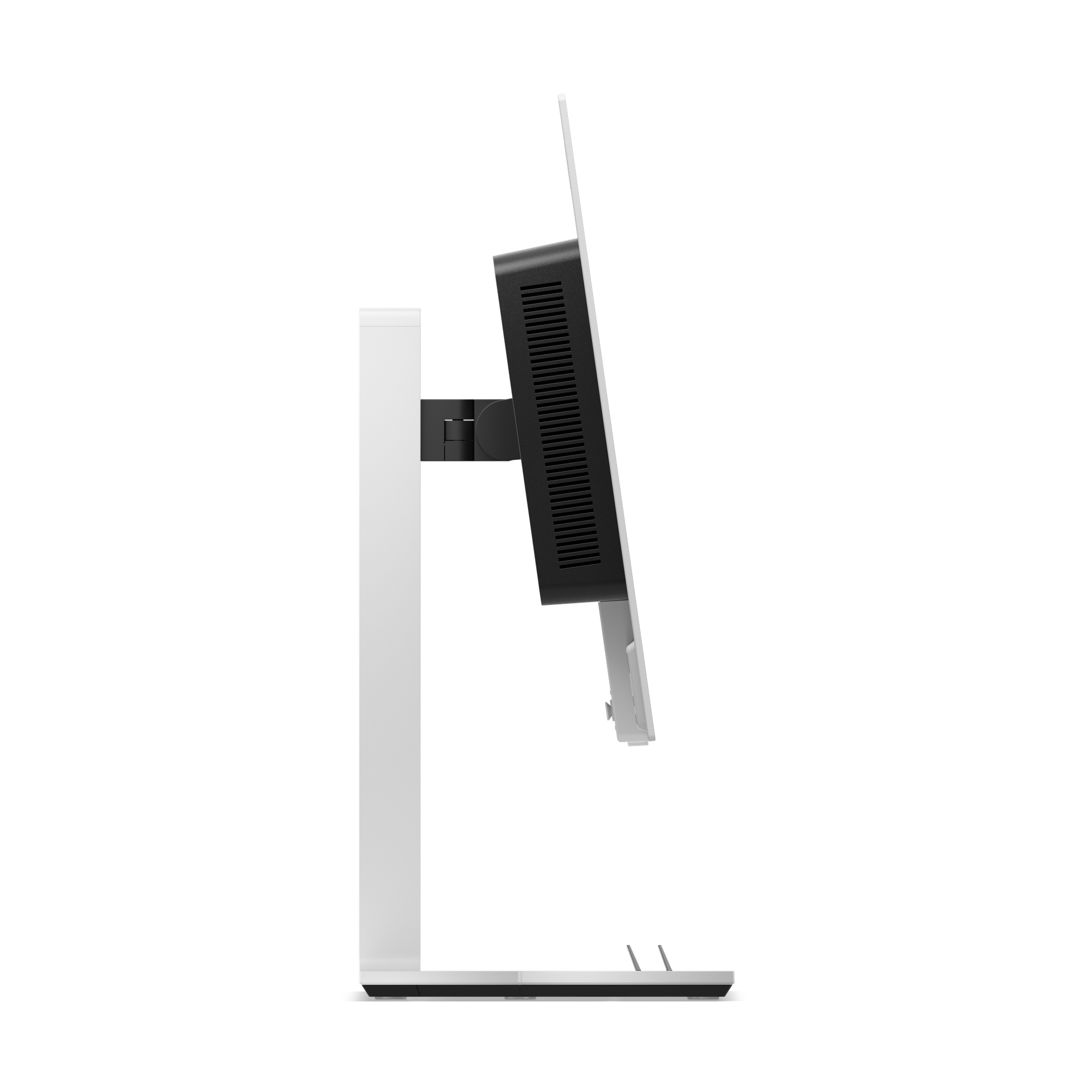 Widok z boku białego monitora komputera z czarnym ekranem, zamontowanego na białym stojaku. Tło jest czarne.