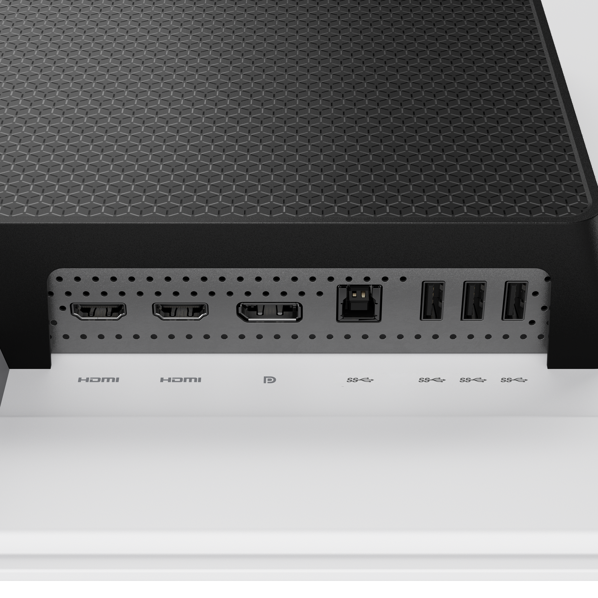 Zbliżenie czarnego urządzenia z różnymi portami oznaczonymi HDMI, D i SS. Górna część ma geometryczny wzór.