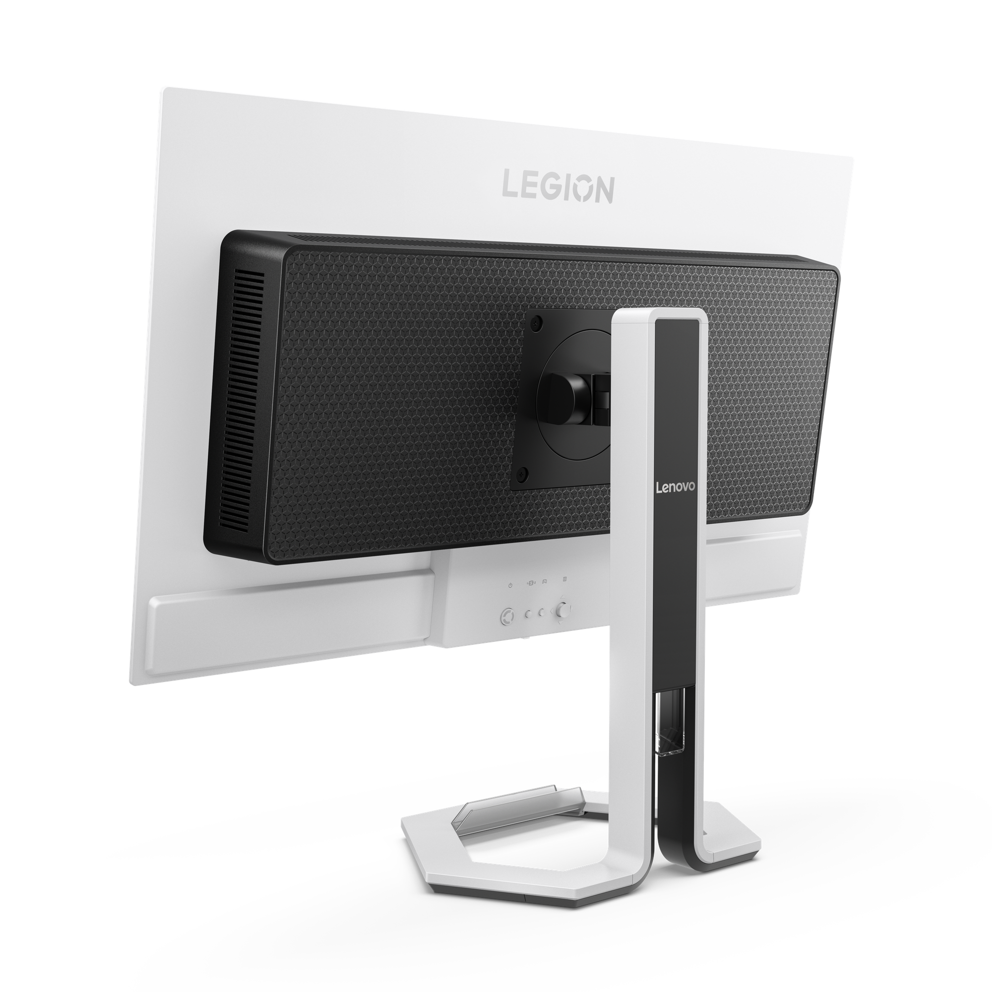 Widok z tyłu monitora Lenovo Legion. Biało-czarny design, z logo Lenovo na podstawie.