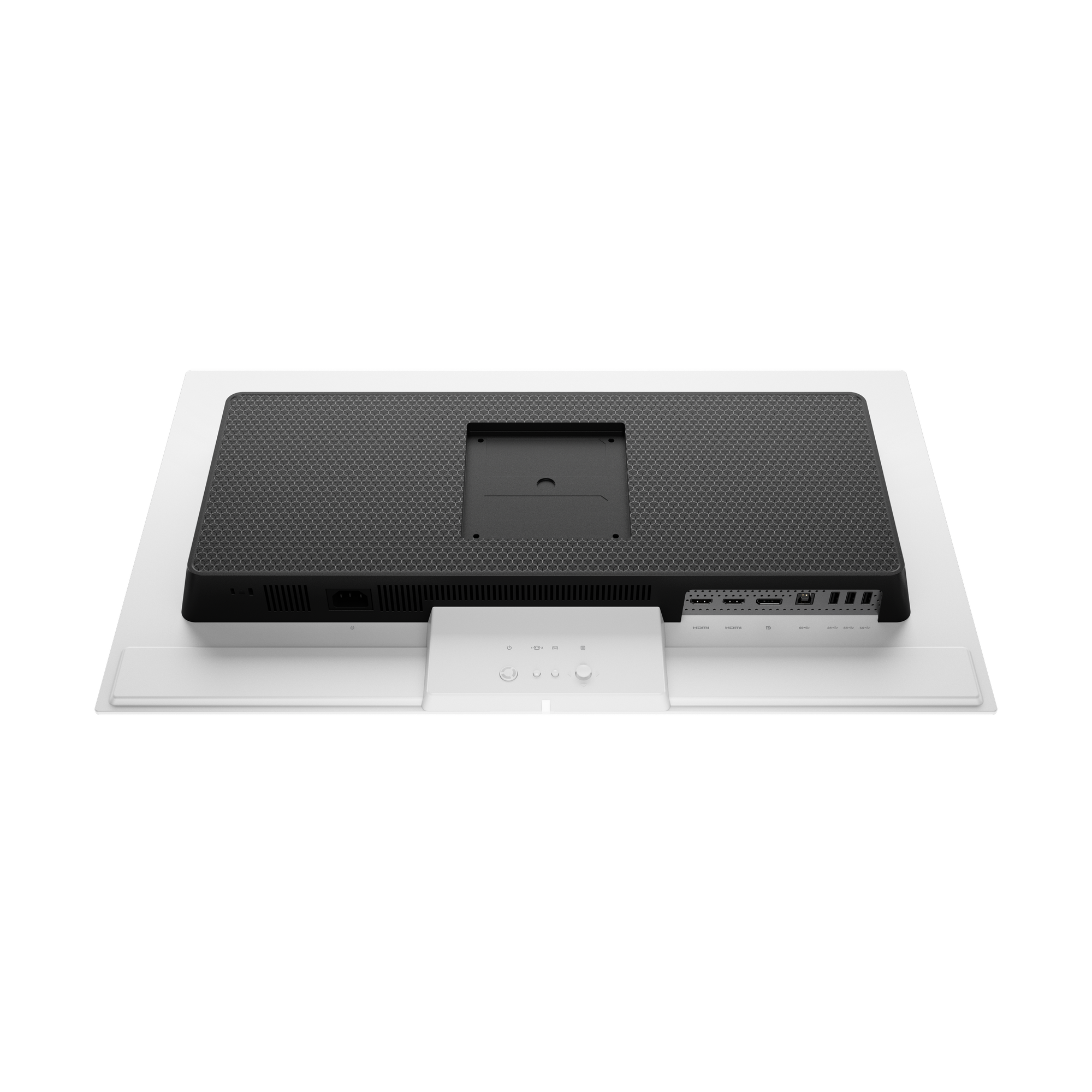 Tył białego monitora z czarnym wzorzystym blatem. Posiada porty, przyciski i stoi na białej podstawie.