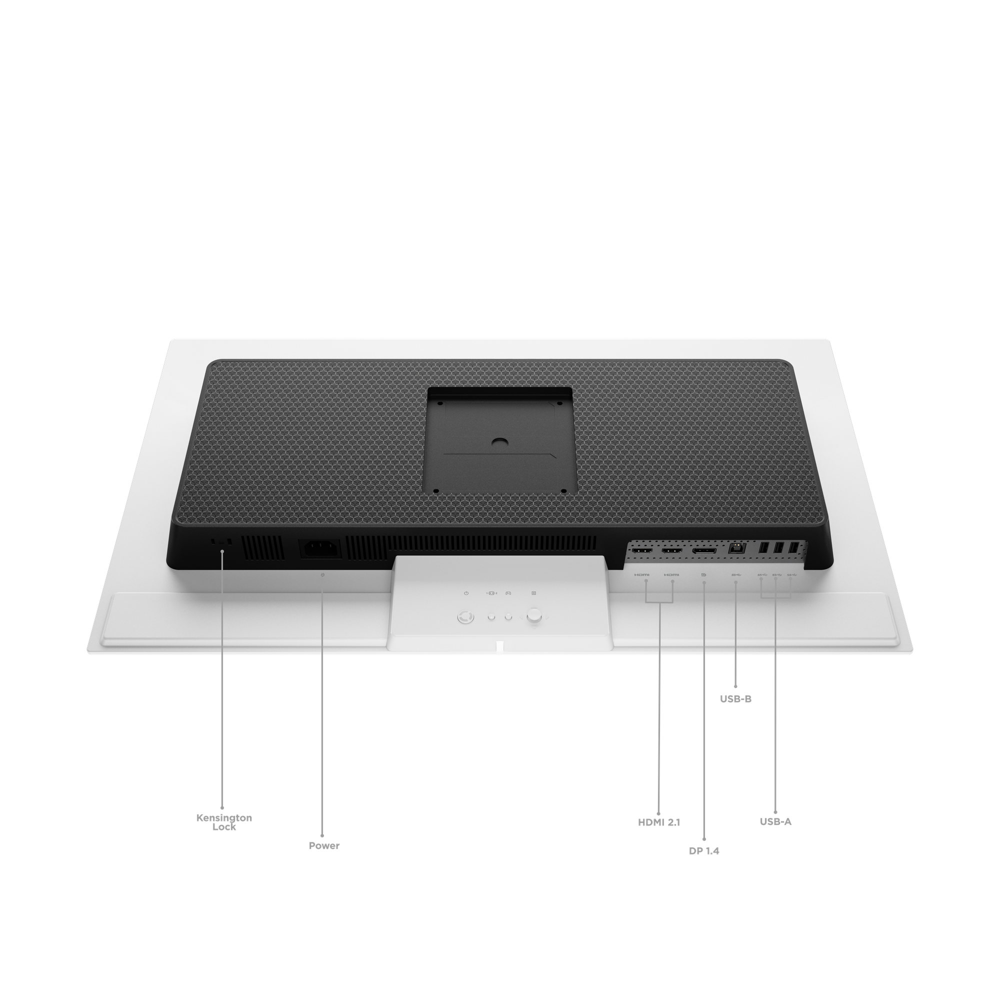 Tył białego monitora z czarnym wzorem na górze. Porty i zasilanie są oznaczone. Widoczne porty Kensington, HDMI, USB i DP.