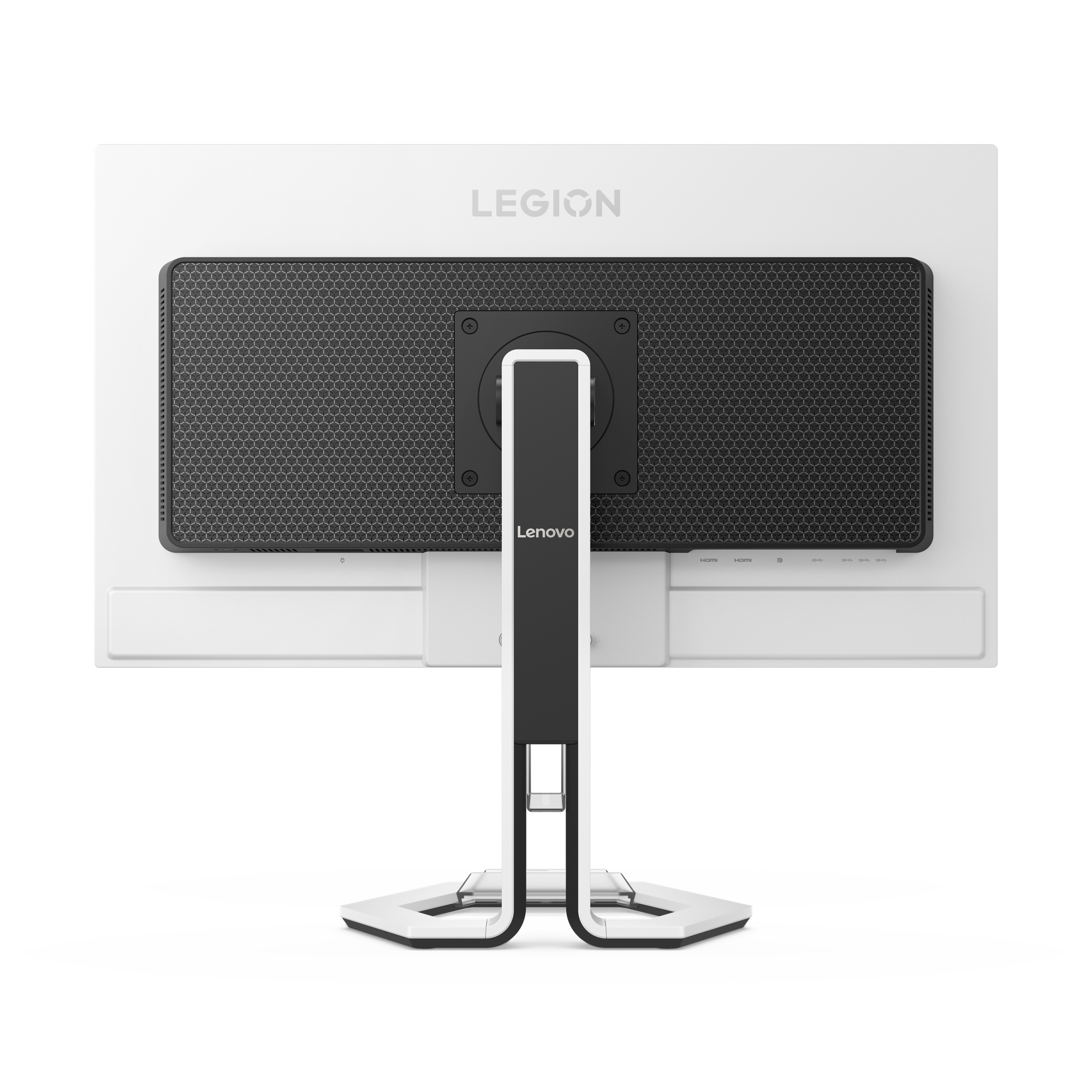 Widok z tyłu monitora Lenovo Legion. Ma czarny panel z wzorem, białą ramę i logo Lenovo na podstawie.