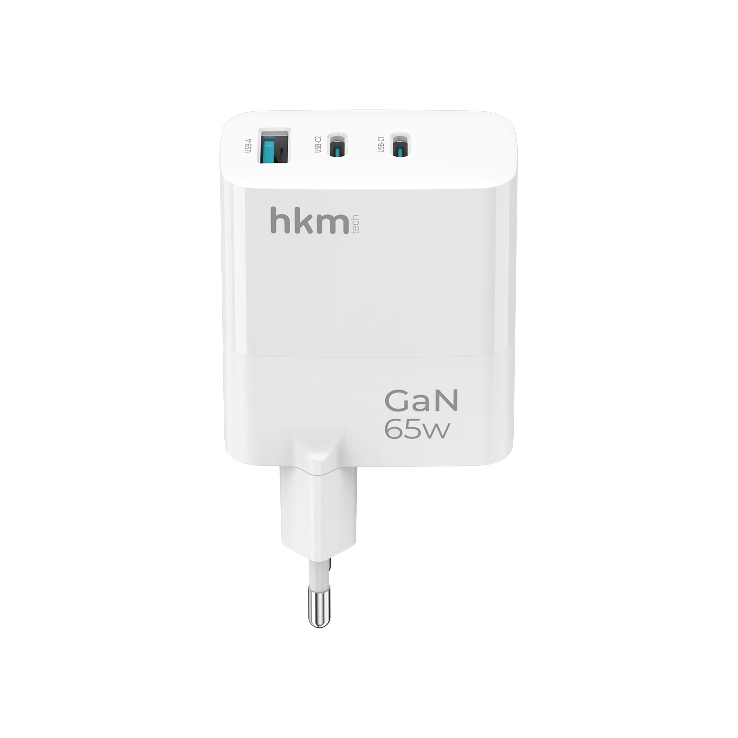 Üç USB portlu ve fişli beyaz bir GaN 65W şarj cihazı. 'hkm tech' markası görüntüleniyor.