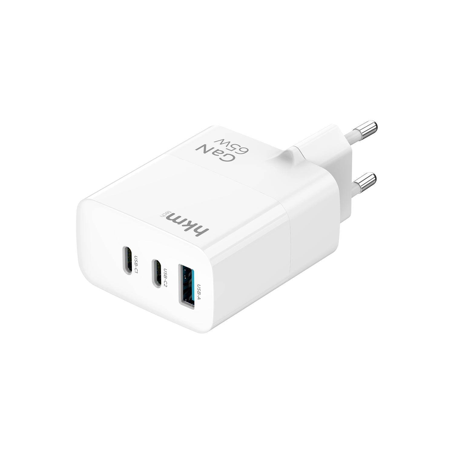 Beyaz bir HKM 65W GaN şarj cihazı. USB-C ve USB-A bağlantı noktalarına sahiptir. Bir fiş takılıdır. Arka plan beyazdır.