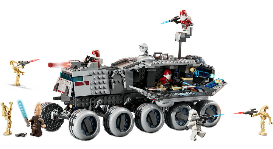 Zestaw Lego Star Wars. Szary pojazd z czerwonymi i białymi akcentami. Figurki to klony, droidy i Jedi. Scena akcji z blasterami.