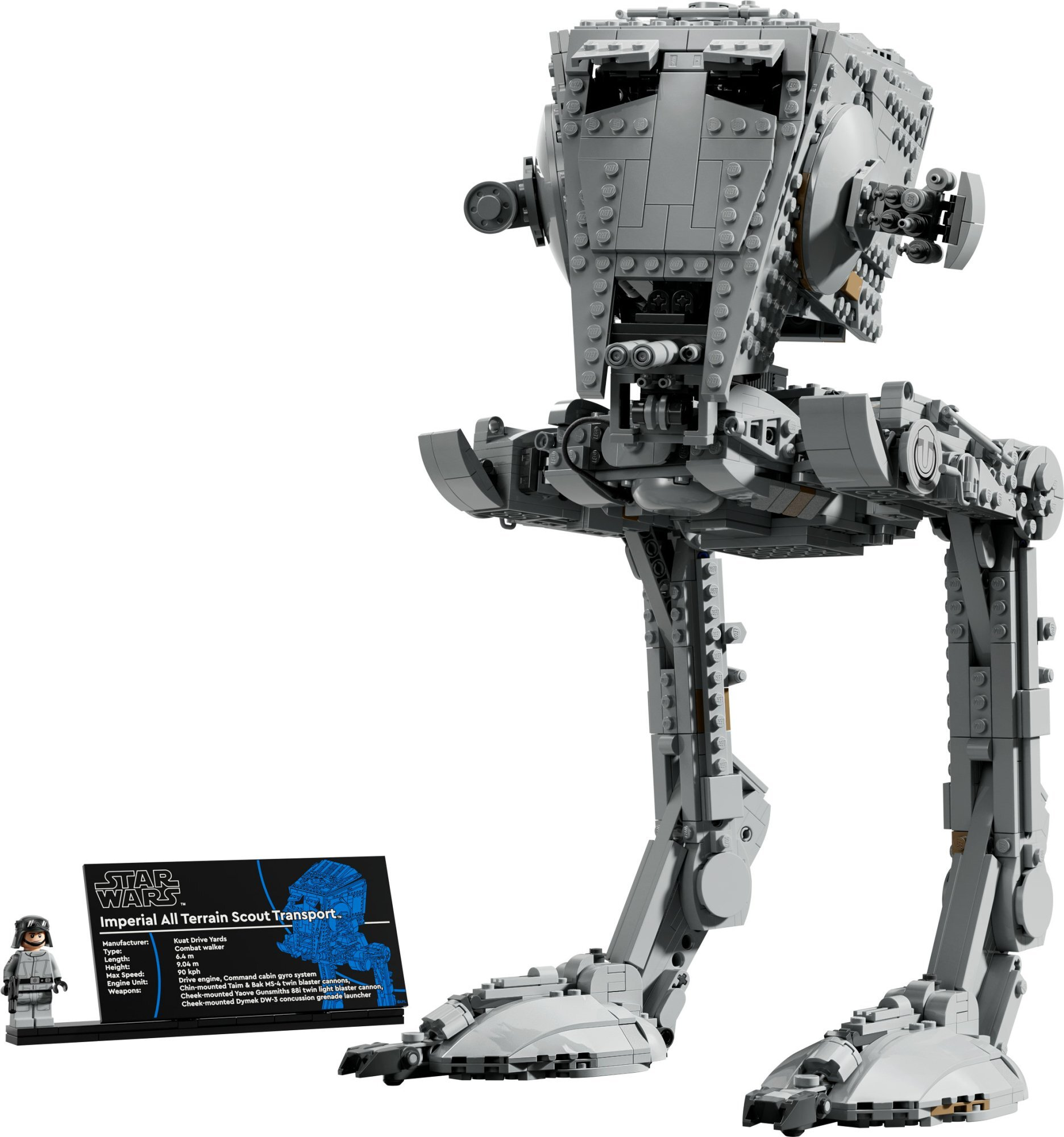 Szary Lego AT-ST walker z logo Gwiezdnych Wojen i kartą informacyjną oraz figurką Lego.
