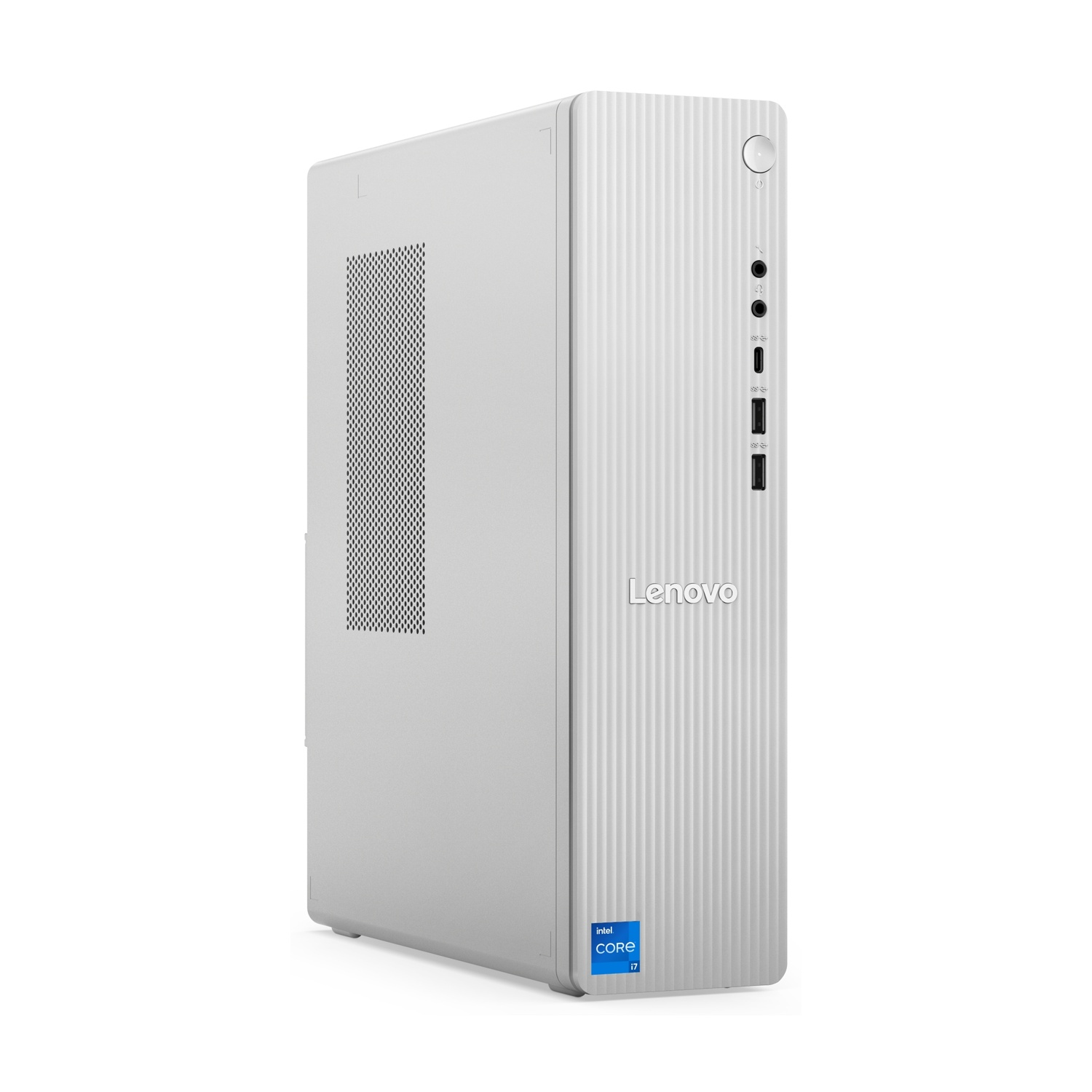Un case per computer desktop Lenovo bianco su sfondo bianco. Ha un pannello frontale a coste e porte. L'adesivo Intel Core i7 è visibile.