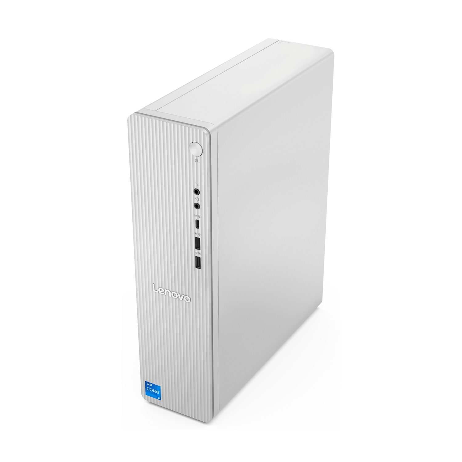 Un computer desktop Lenovo bianco. Ha un pulsante di accensione, porte e un adesivo Intel Core i7. Lo sfondo è bianco.