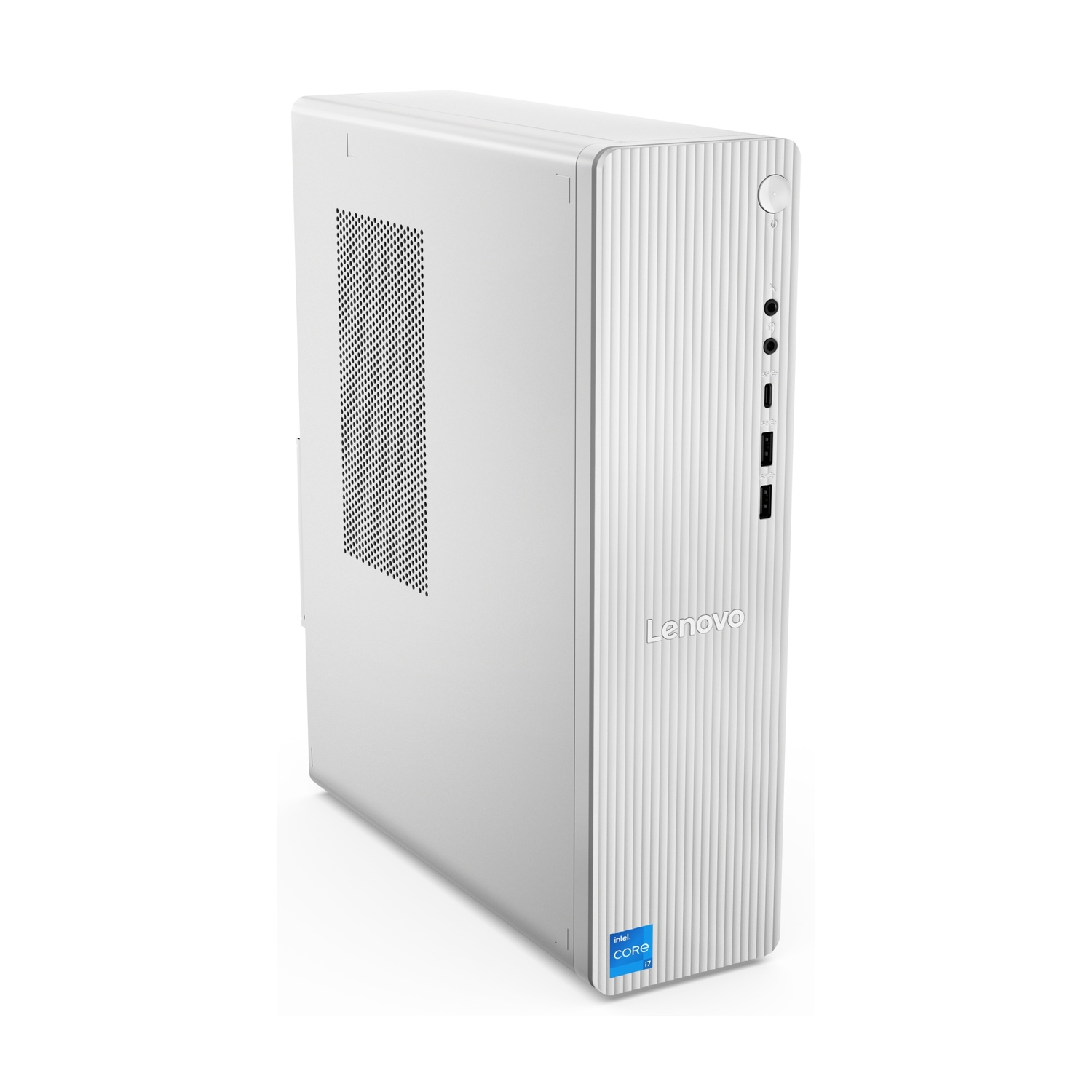 Un computer desktop Lenovo bianco. Ha un design verticale con un pannello frontale strutturato, adesivo Intel Core i7 e logo Lenovo.