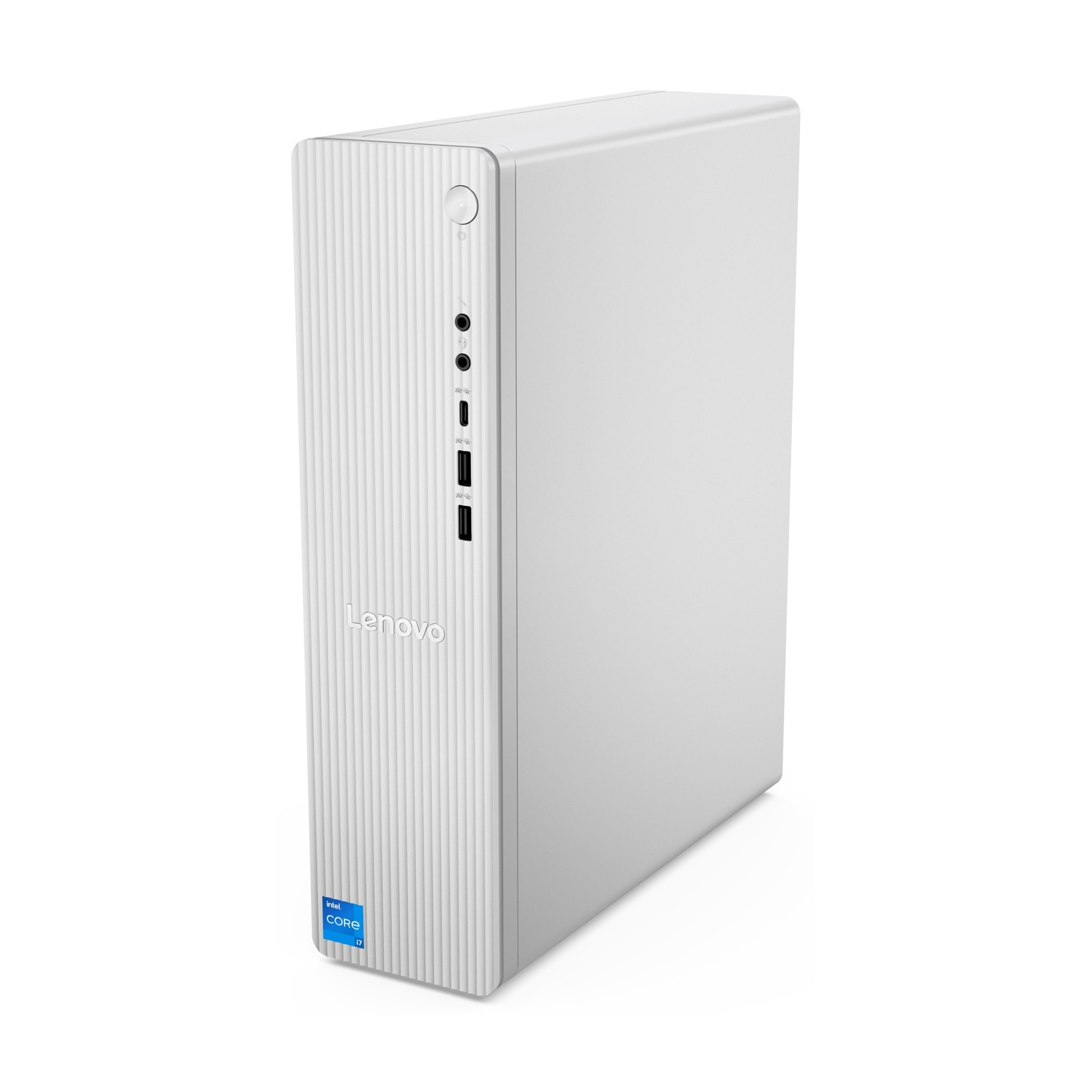 Un computer desktop Lenovo bianco. Presenta l'etichetta Intel Core i7 e il logo Lenovo. Ha porte sul davanti.