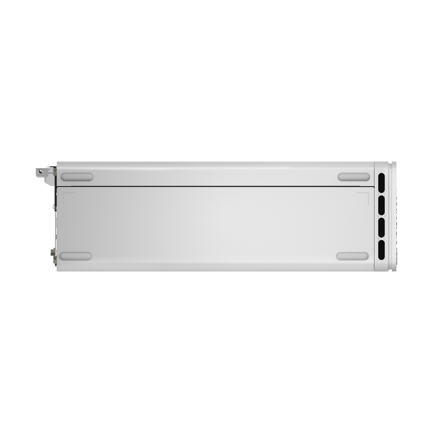 Un server bianco e rettangolare, visto dall'alto, poggia su uno sfondo bianco. Ha bordi arrotondati e piccoli dettagli neri sul lato.