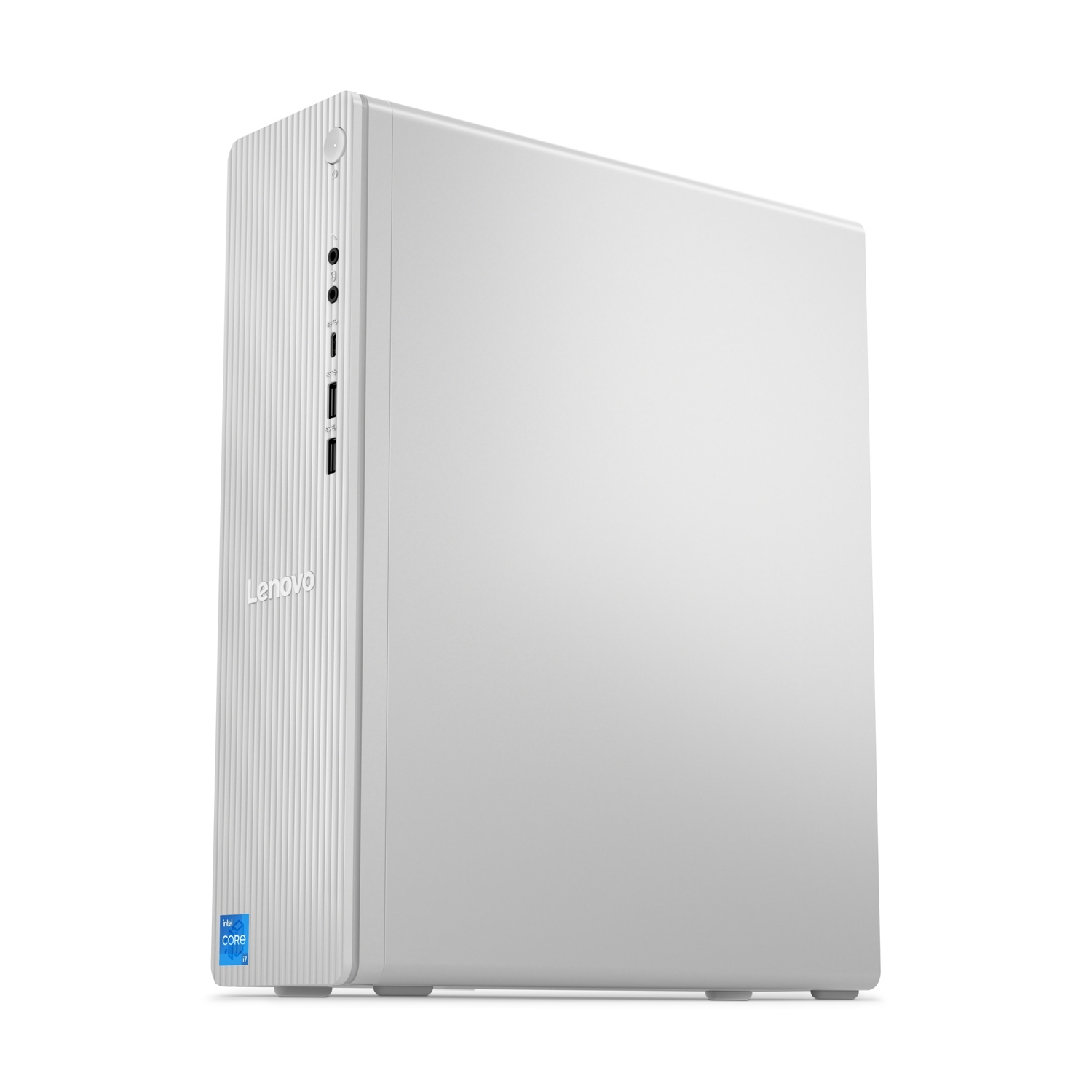 Un computer desktop Lenovo bianco su una superficie bianca. Design verticale con porte laterali. Adesivo Intel Core visibile.