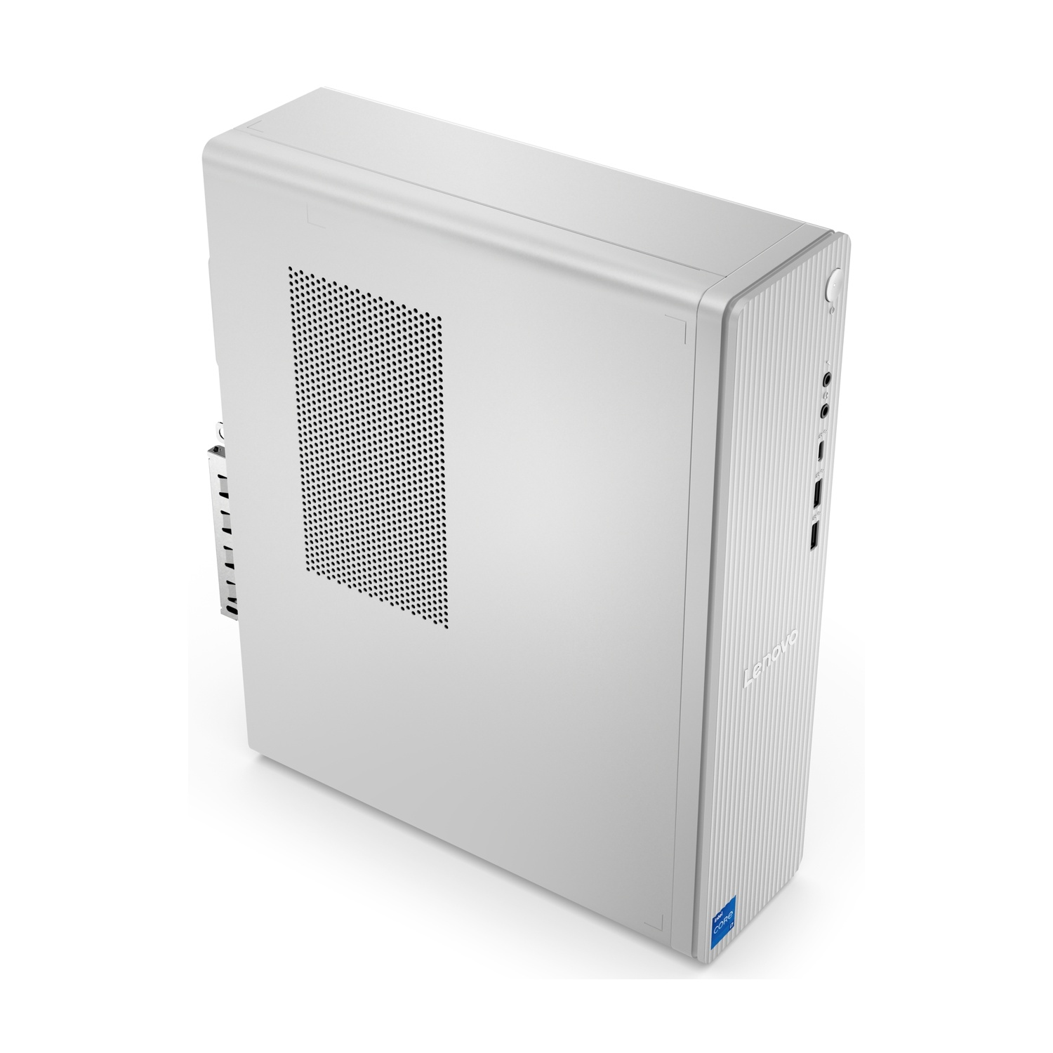 Un computer desktop Lenovo bianco. Ha un design verticale con un pannello laterale perforato e il logo Lenovo.