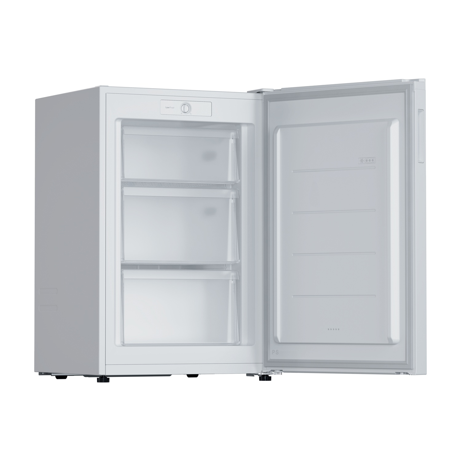 Un congelatore bianco con la porta aperta, che mostra tre cassetti e un pannello di controllo. La porta aperta rivela l'interno.