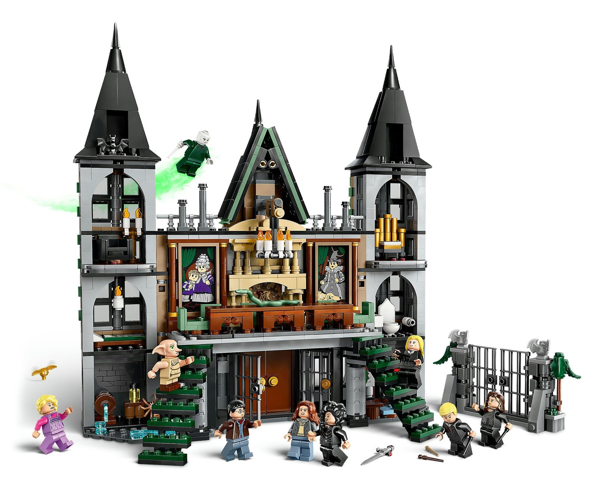 Zestaw Lego zamku Hogwart z wieloma figurkami. Zawiera Harry'ego Pottera i Voldemorta w zielonej poświacie.