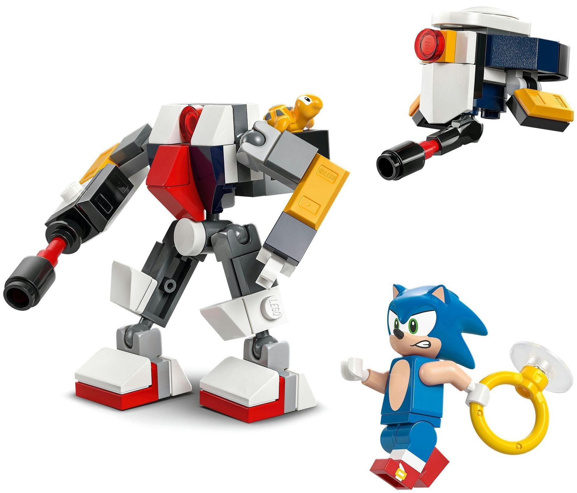 Zestaw Lego z robotem, latającym obiektem i Sonicem. Kolory to czerwony, biały, żółty i niebieski.