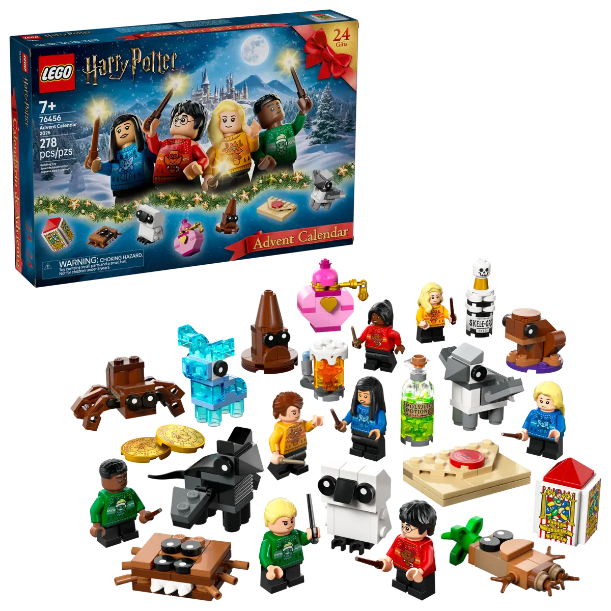 Kalendarz adwentowy Lego Harry Potter. Pudełko z postaciami i przedmiotami. Zawiera minifigurki i akcesoria tematyczne.