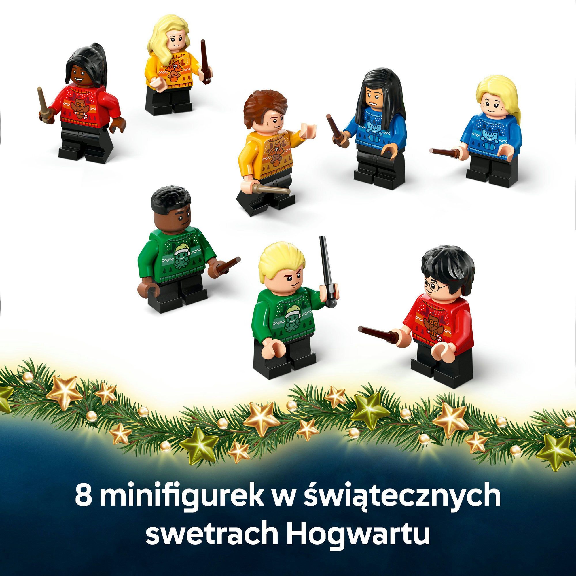 Osiem figurek Lego w świątecznych swetrach Hogwartu, trzymających różdżki. U dołu świąteczne dekoracje.