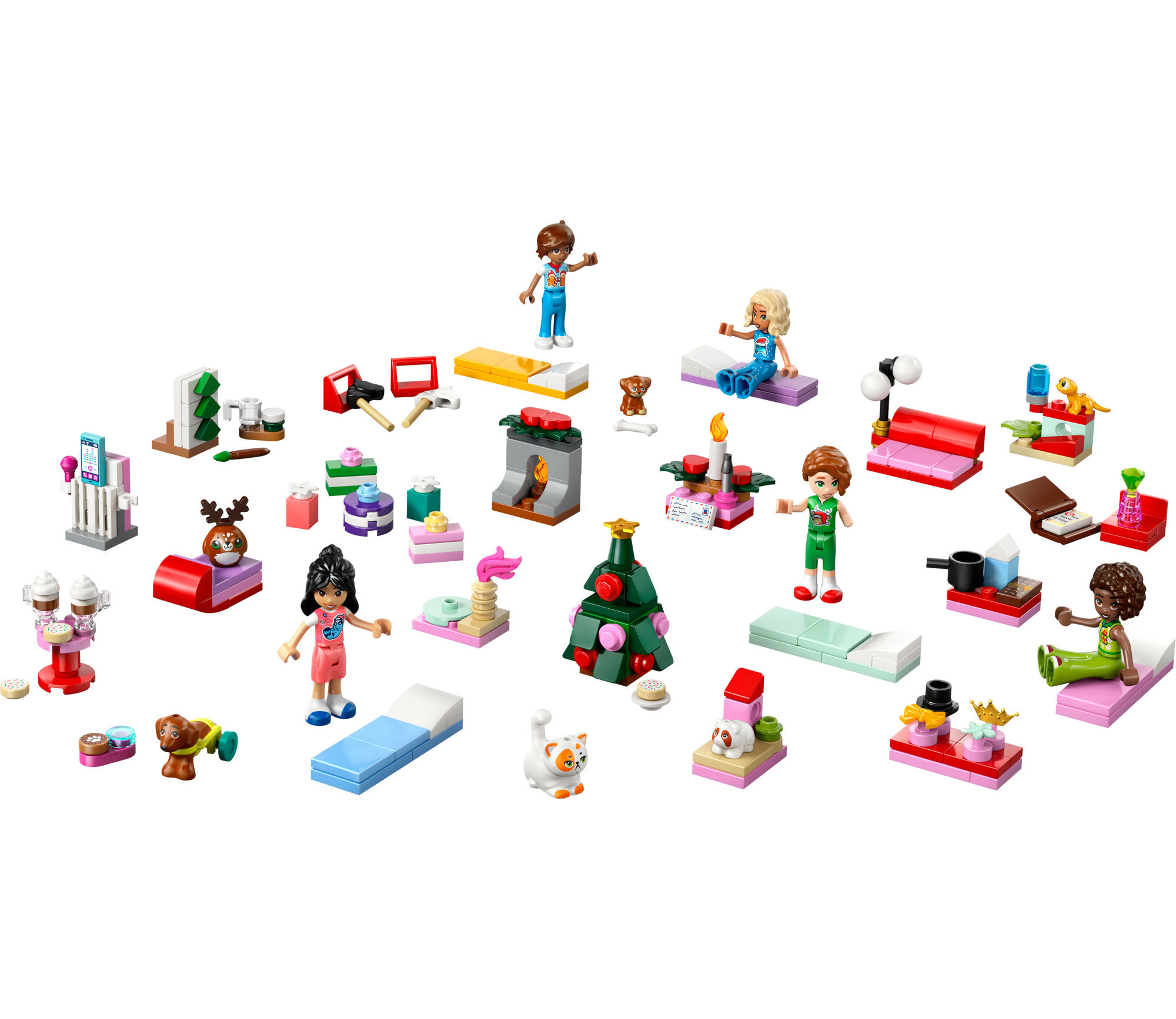 Kolekcja zestawów Lego z figurkami, meblami i dekoracjami o tematyce świątecznej. Obecne są różne kolory.