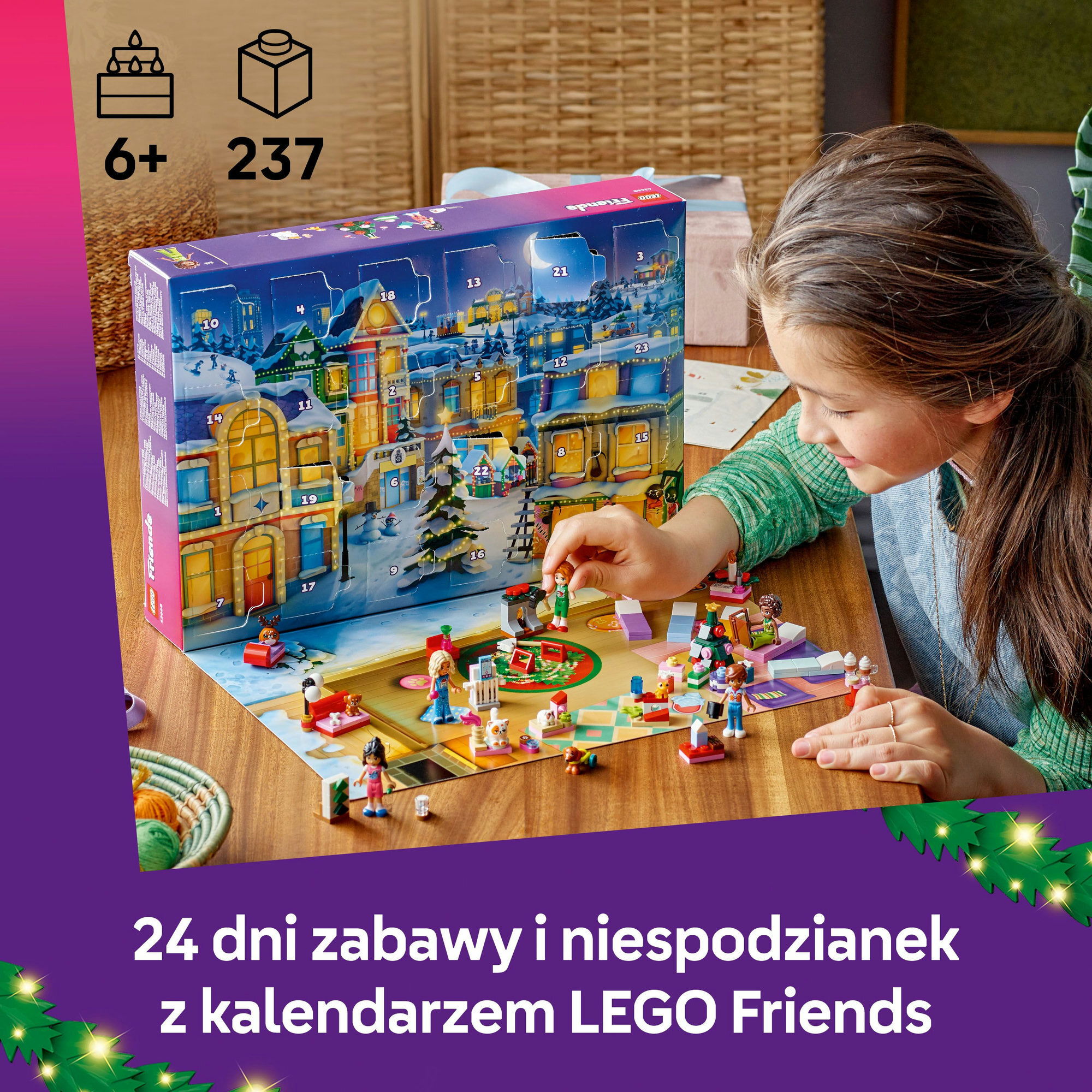 Dziewczyna otwiera kalendarz adwentowy LEGO Friends. Zestaw zawiera figurki i akcesoria. Na pudełku napis 'LEGO Friends'.