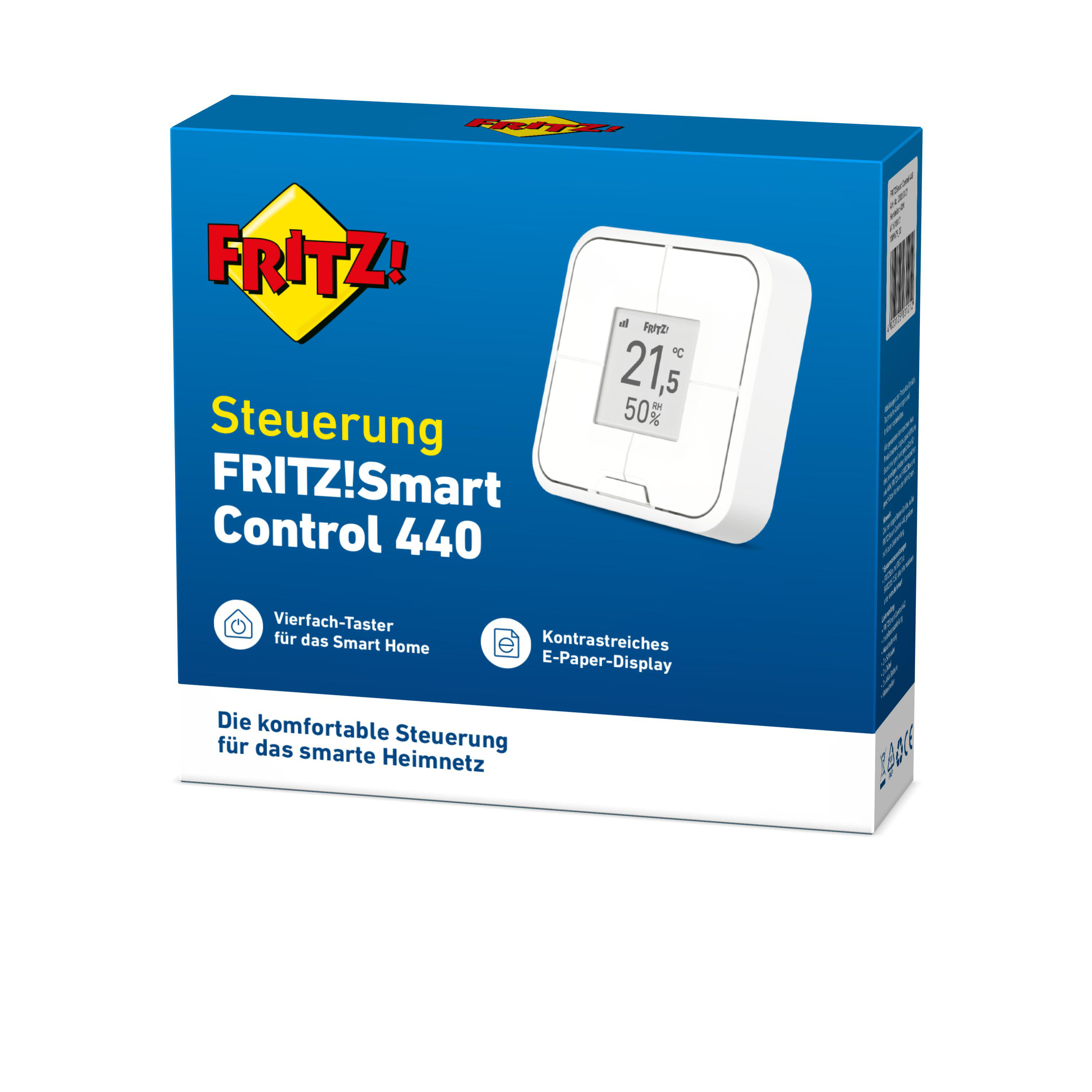 Box für FRITZ!Smart Control 440. Blaue Box mit einem Smart-Home-Steuergerät.