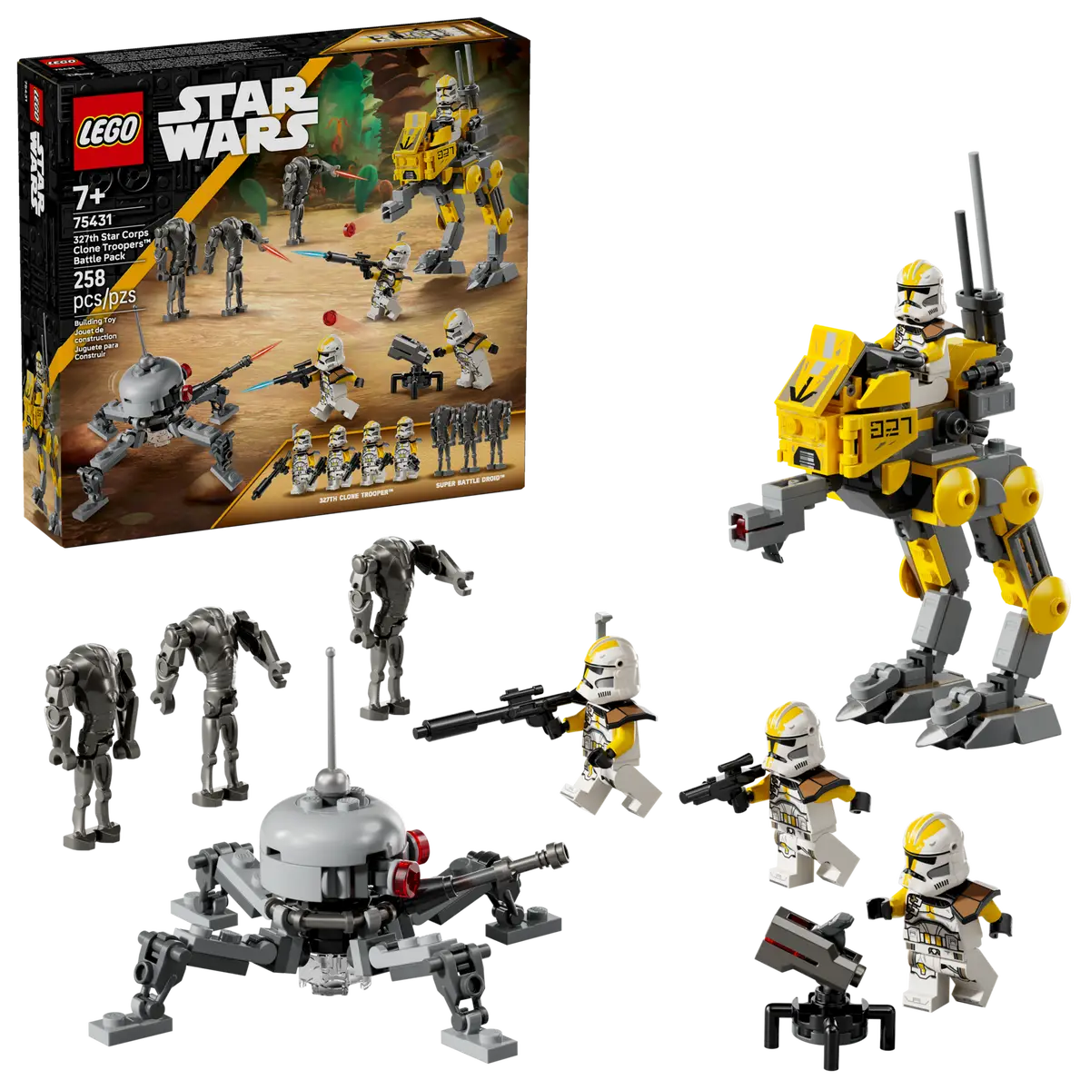 Zestaw Lego Star Wars. Zawiera żołnierzy-klonów, chodziarza i droidy bojowe. Pudełko zestawu jest widoczne w tle.