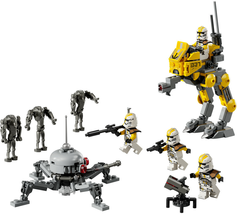 Zestaw Lego Star Wars z klonami, droidami bojowymi, AT-RT walkerem i droidem pająkiem, wszystko na białym tle.