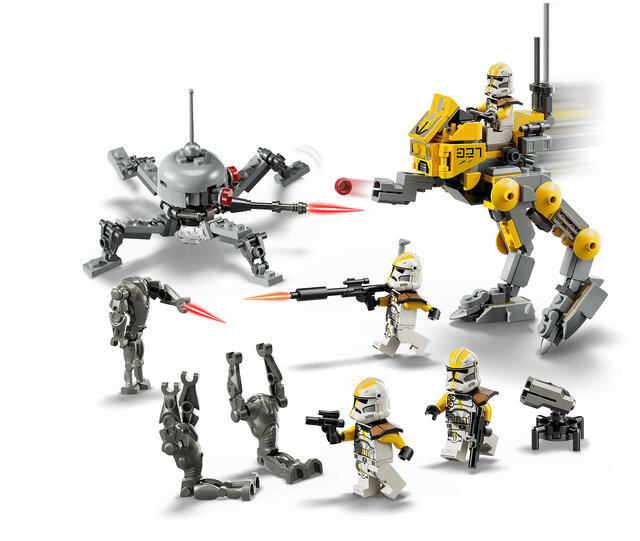 Zestaw Lego Star Wars. Chodziki i droid w kształcie pająka walczą z żołnierzami-klonami. Widoczne są czerwone wiązki laserowe i eksplozje.