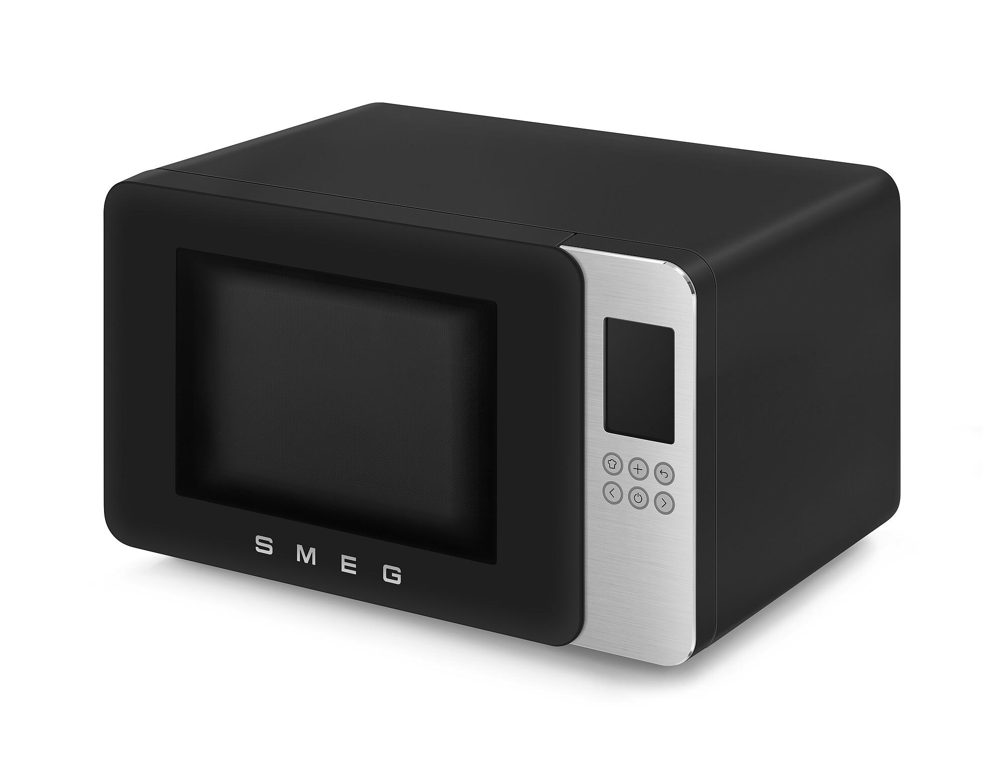 Eine schwarze Smeg-Mikrowelle mit silbernem Bedienfeld, die auf einer weißen Oberfläche steht. Das Wort 'SMEG' ist sichtbar.