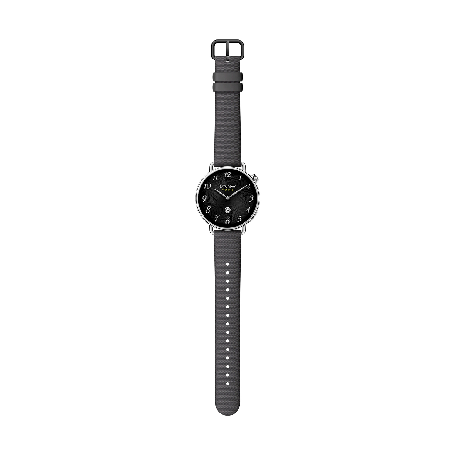 Un orologio da polso con quadrante nero e cinturino grigio. I numeri sono visibili. L'orologio è centrato su sfondo bianco.