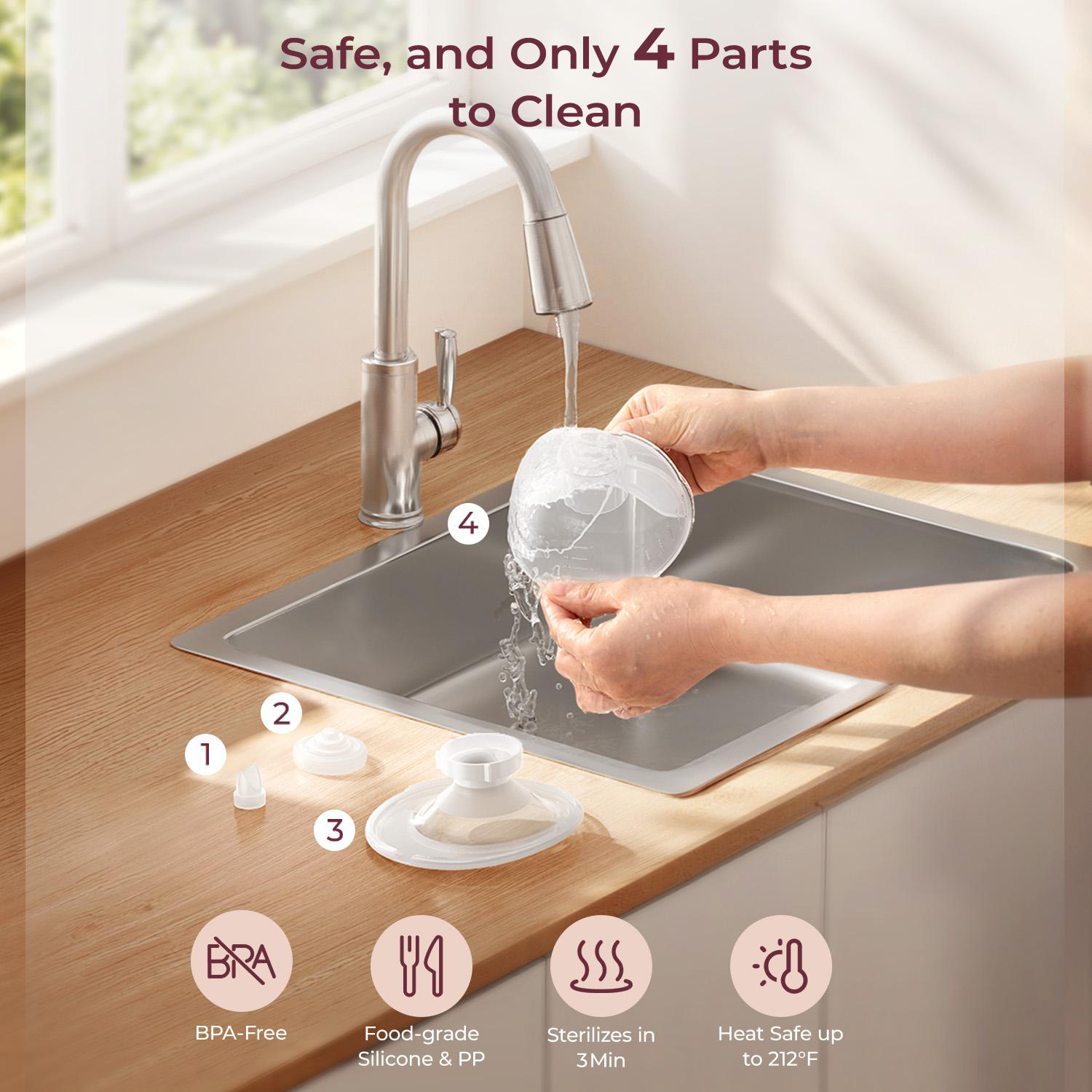 Hände waschen Babyflaschenteile unter einem Wasserhahn. Vier Teile sind gezeigt. BPA-frei, lebensmittelechtes Silikon, sterilisiert in 3 Minuten.