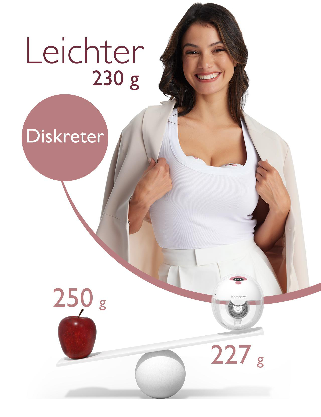 Frau lächelt, trägt ein weißes Oberteil und Blazer. Waage zeigt Apfel (250g) und Brustpumpe (227g). Text: Leichter, 230g, Diskreter.