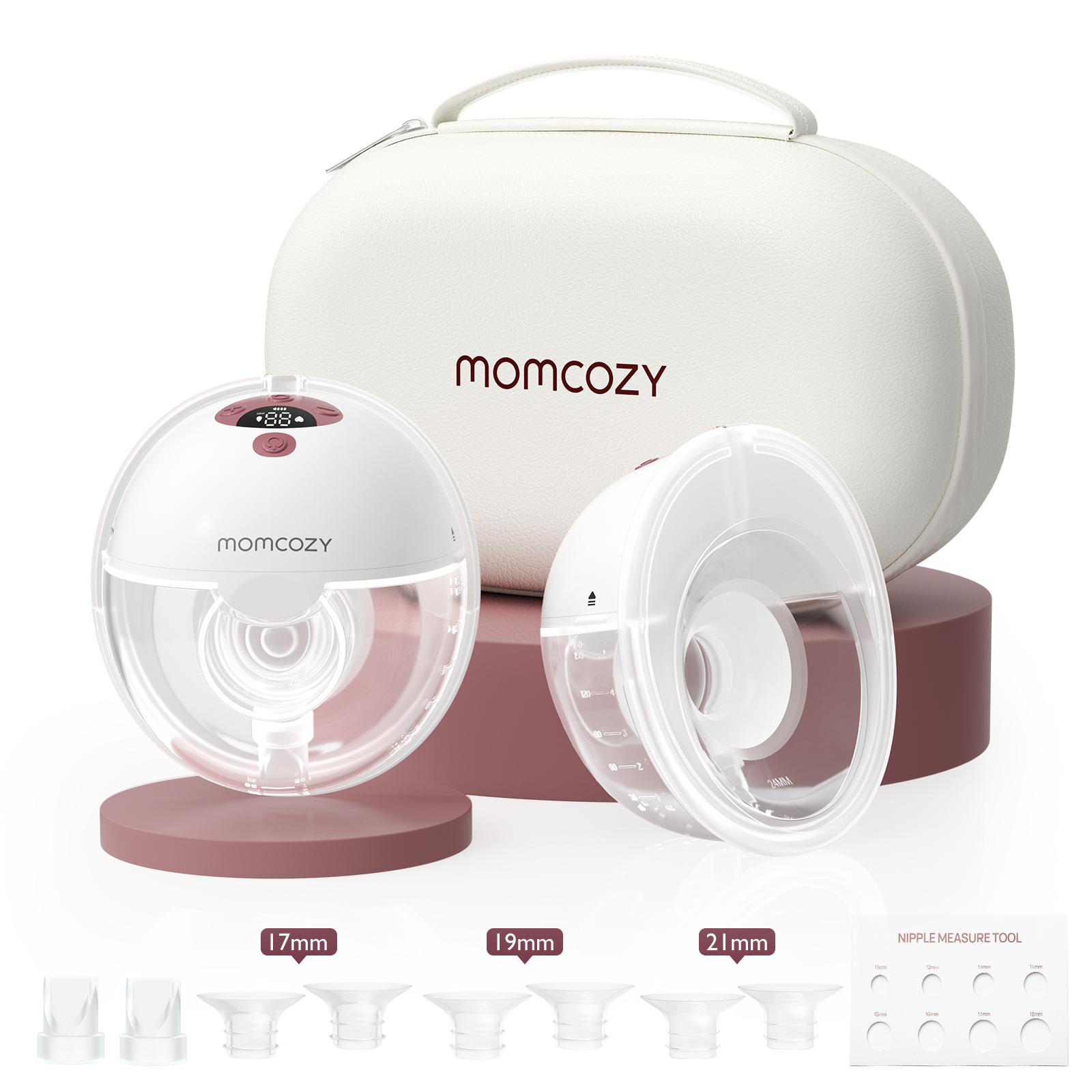 Ein weißes Momcozy-Brustpumpen-Set. Enthält Pumpen, Koffer und Brustwarzen-Größenwerkzeuge. Rosa Akzente und ein weißer Hintergrund.