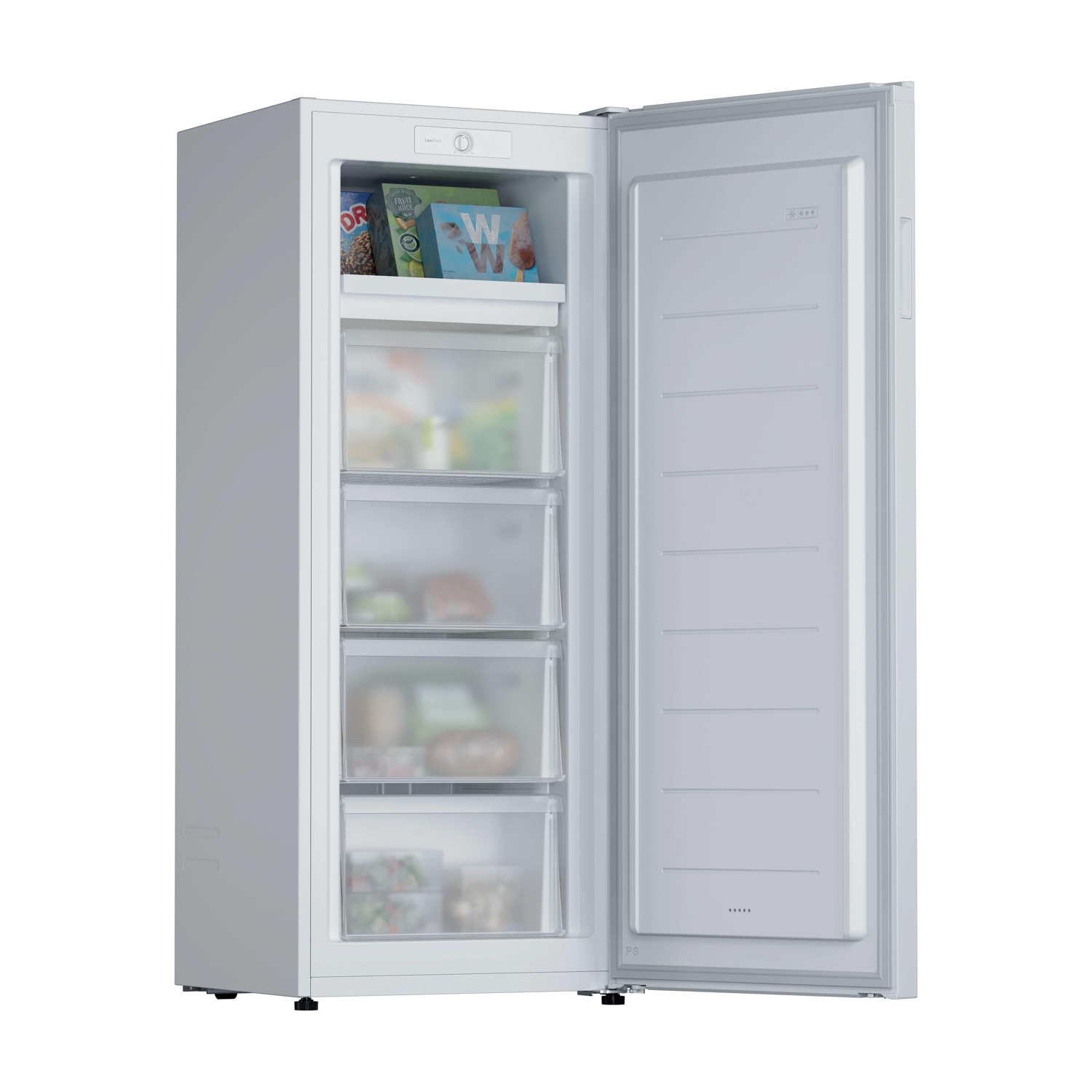 Un congelatore bianco con la porta aperta, che mostra cassetti e ripiani con alimenti. Il congelatore è su sfondo bianco.