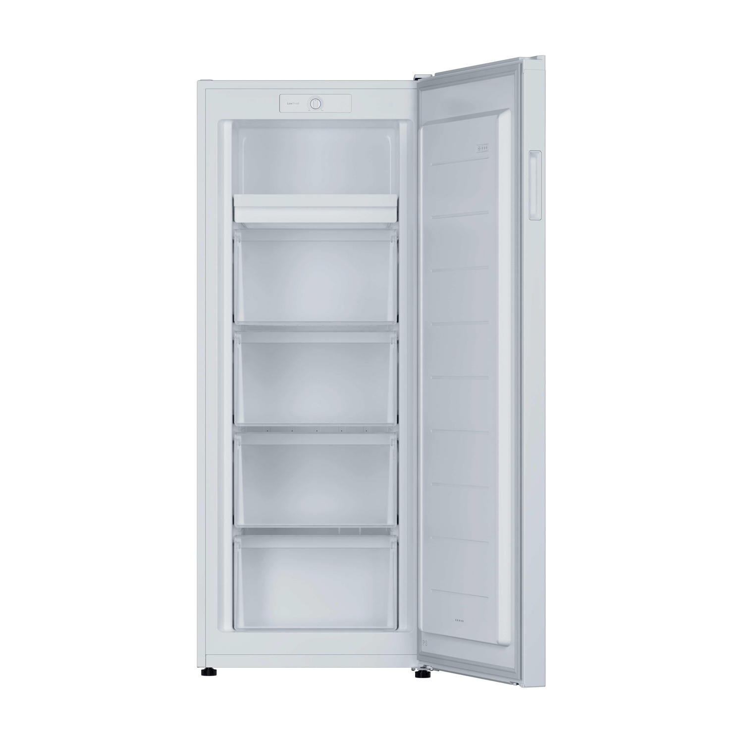Un congelatore bianco con la porta aperta, che mostra quattro cassetti trasparenti. La porta ha una maniglia e del testo. Il congelatore è su sfondo bianco.