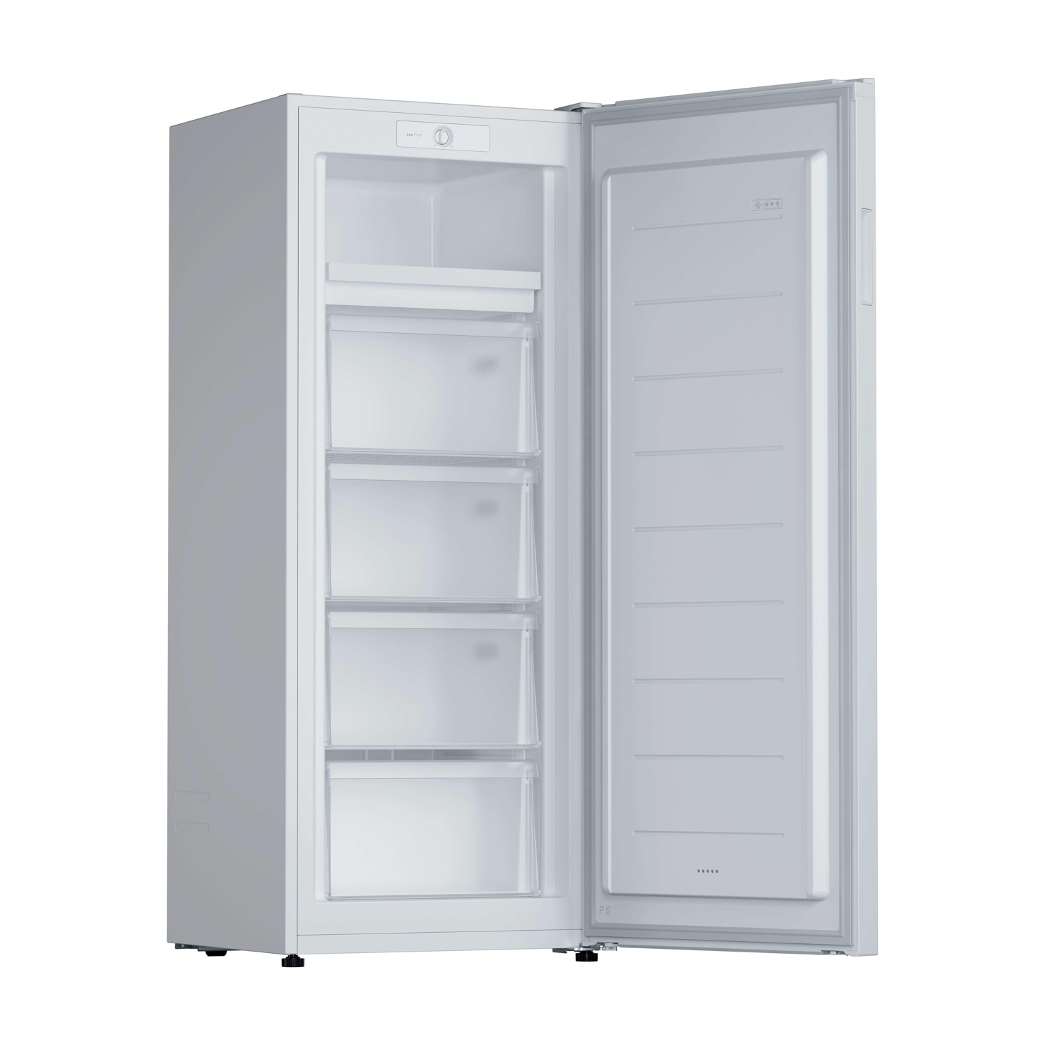 Un congelatore verticale bianco con la porta aperta, che mostra cassetti e ripiani. L'interno è bianco e la porta ha ripiani.