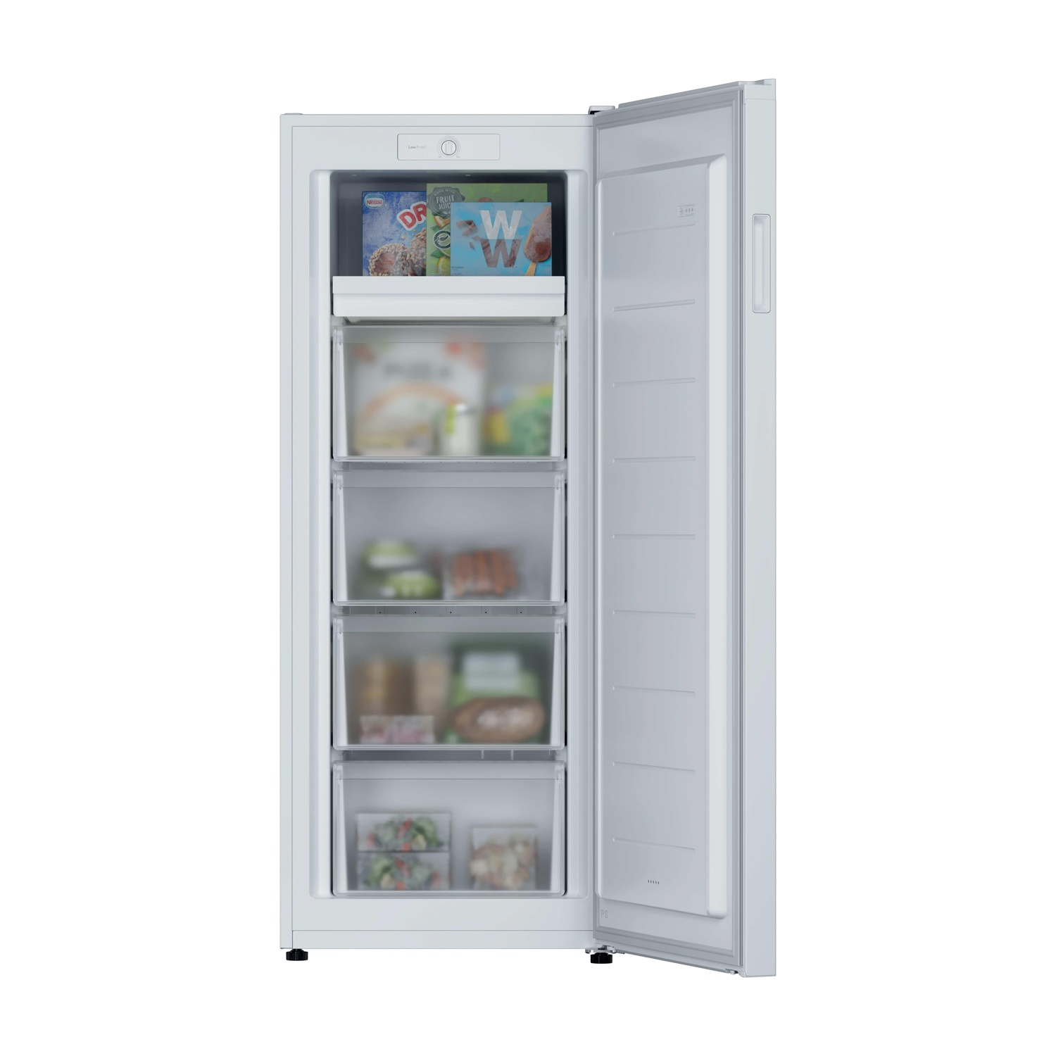 Un congelatore bianco con la porta aperta, che mostra cassetti con cibi congelati. Sono visibili alcune confezioni, tra cui gelati e verdure.